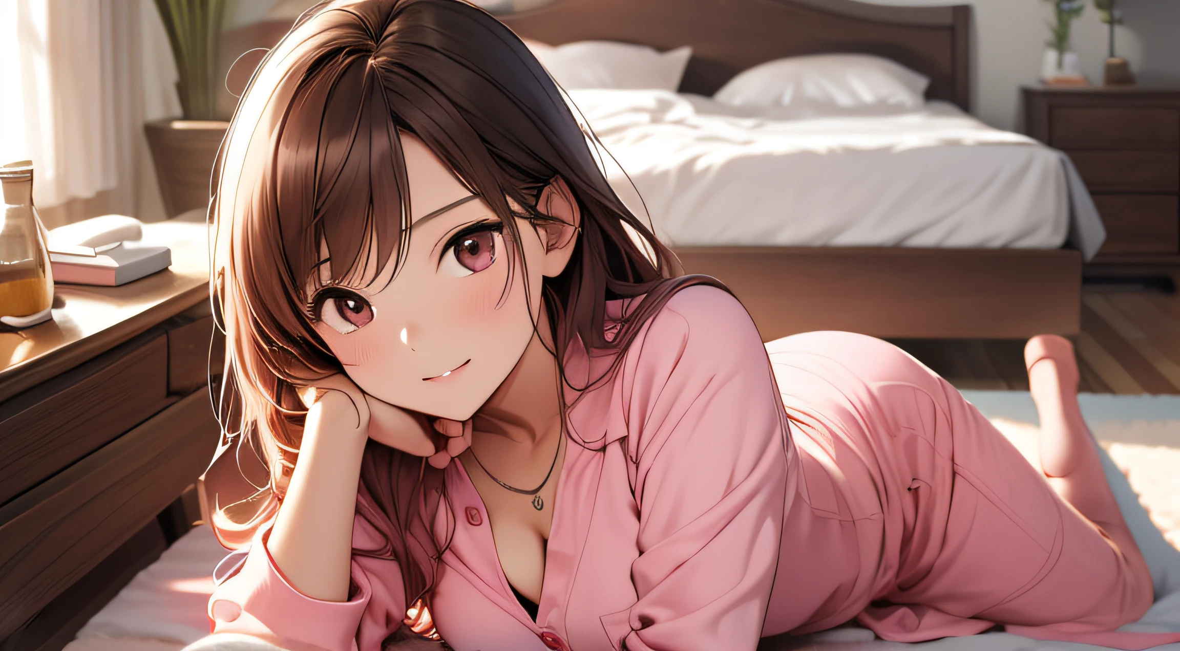 (A Certain Science Railgun、Seo Yeon Joo)、Brown skin、pink mini long sleeve shirt、(Medium hair in pink color)、Young、Cute、a beautifulchi girl、Perfect style、larjeBoobs、sexy legs, cute pose, smiling, Emphasizes cleavage、deadpan、realisic、Realistic、8k、Heavily detailed、最好质量、Top image quality、high-resolution、A masterpice、only girl、(The background is a mattress)、