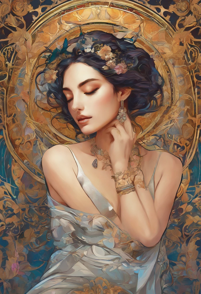 A painting of a woman with her eyes closed, ((golden ratio}} laying on the sofa after a long night on the town, a sensual painting, a Beautiful expressive painting, Wadim Kashin. Ultra photo realism, Louise Ross, digital painting art, Perceptual digital painting, Stylish digital painting, Bonito painting, glossy digital painting, beautiful digital painting, digital art painting, Fine paintings, ((Rod acrylic paint)).