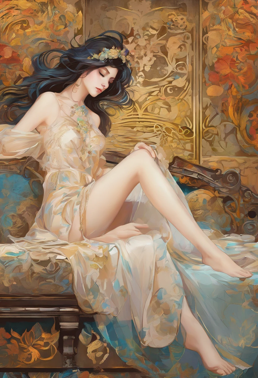 A painting of a woman with her eyes closed, ((golden ratio}} laying on the sofa after a long night on the town, a sensual painting, a Beautiful expressive painting, Wadim Kashin. Ultra photo realism, Louise Ross, digital painting art, Perceptual digital painting, Stylish digital painting, Bonito painting, glossy digital painting, beautiful digital painting, digital art painting, Fine paintings, ((Rod acrylic paint)).