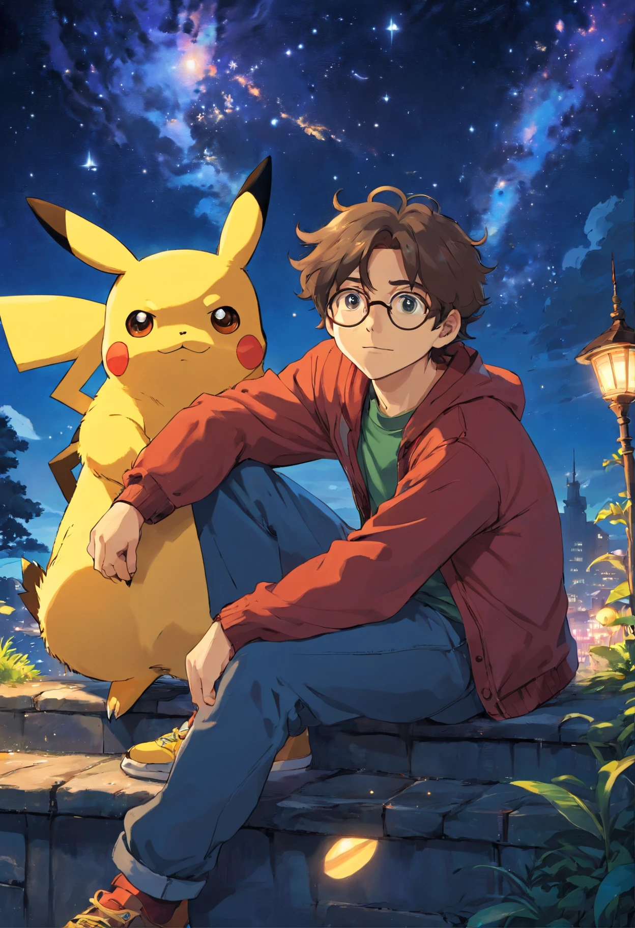 Homem jovem moreno, de casaco, wearing glasses with wavy hair sitting with Pikachu, Watching the starry sky at night