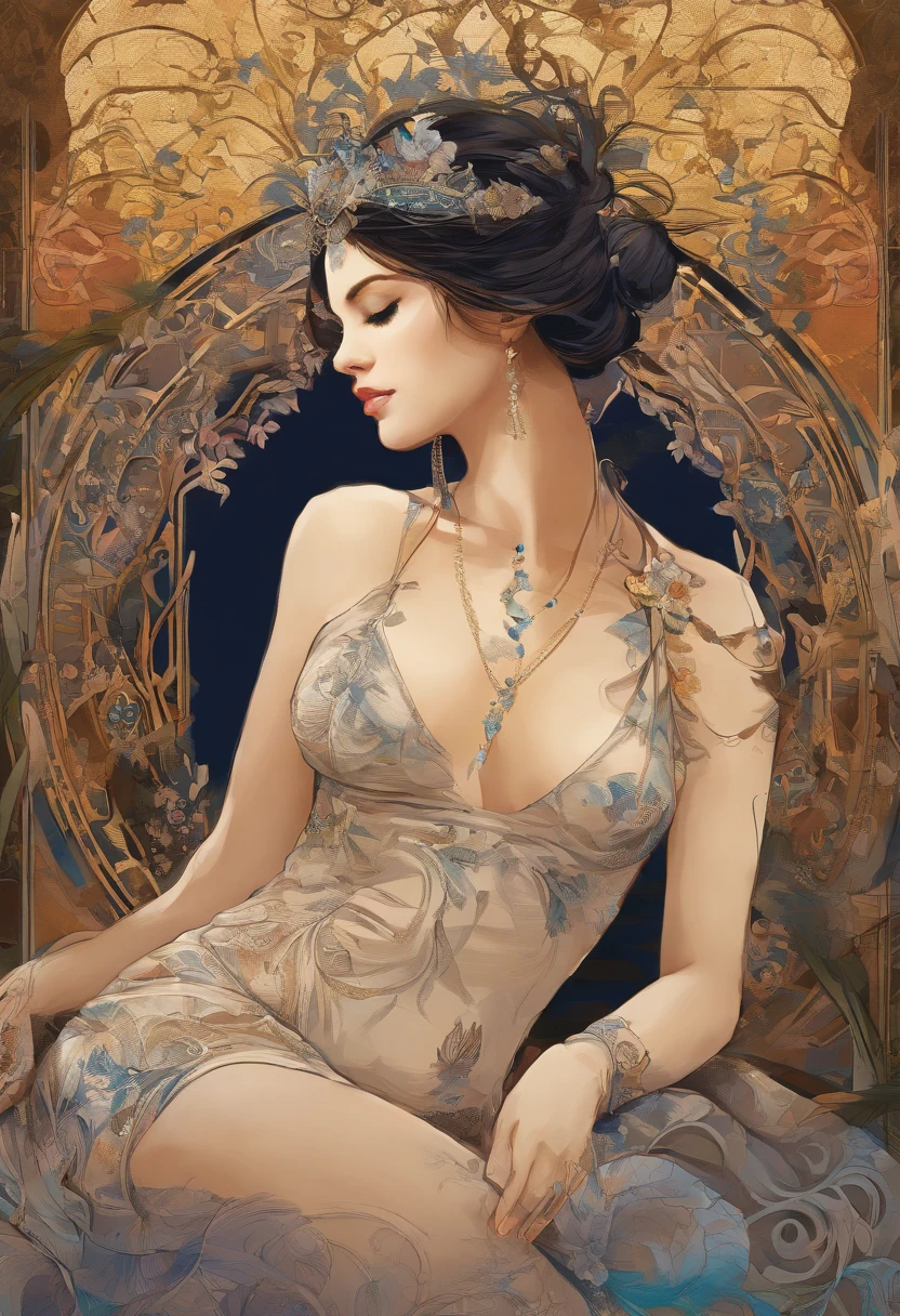 A painting of a woman with her eyes closed, ((golden ratio}} laying on the sofa after a long night on the town, a sensual painting, a Beautiful expressive painting, Wadim Kashin. Ultra photo realism, Louise Ross, digital painting art, Perceptual digital painting, Stylish digital painting, Bonito painting, glossy digital painting, beautiful digital painting, digital art painting, Fine paintings, ((Rod acrylic paint)).