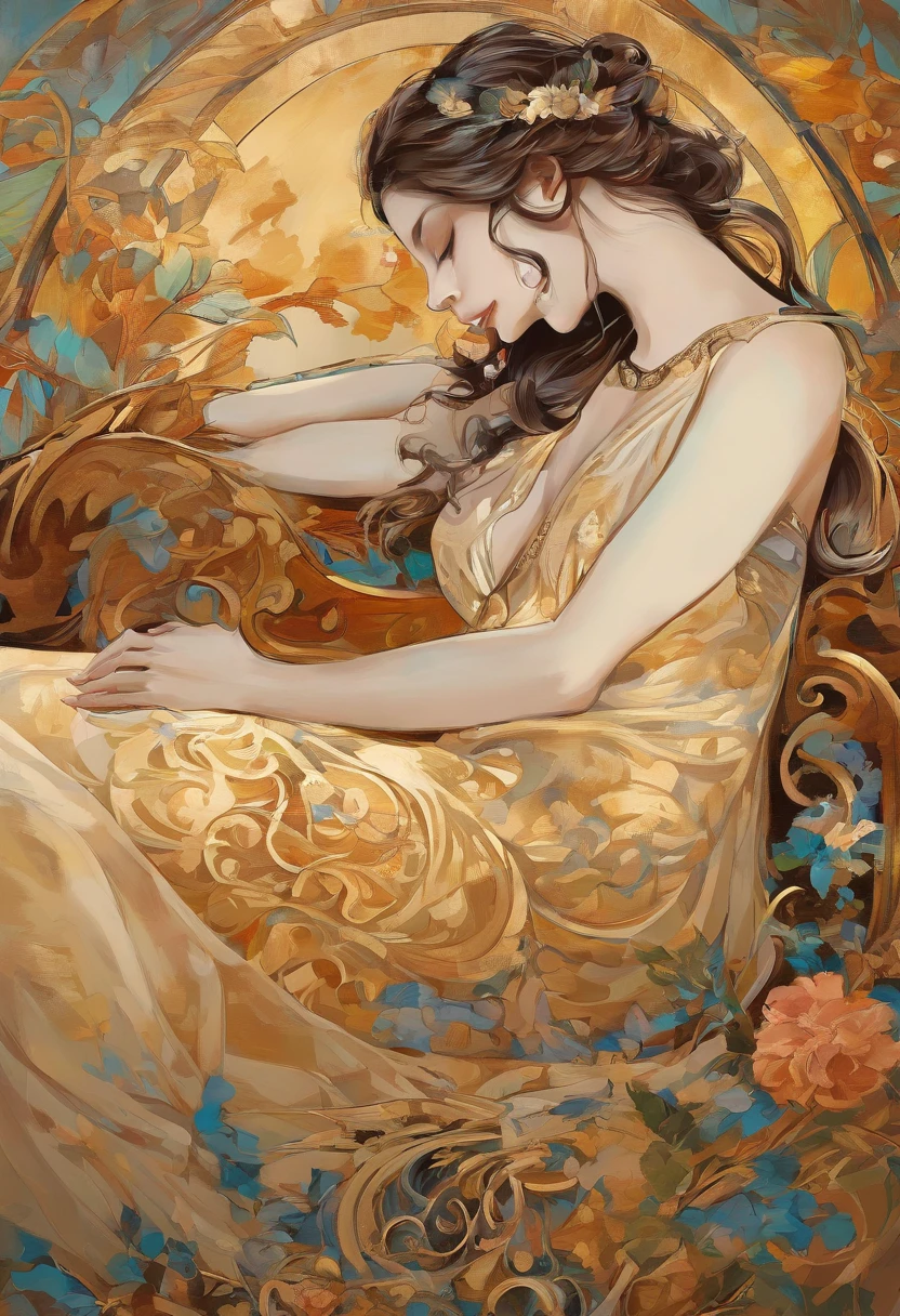 A painting of a woman with her eyes closed, ((golden ratio}} laying on the sofa after a long night on the town, a sensual painting, a Beautiful expressive painting, Wadim Kashin. Ultra photo realism, Louise Ross, digital painting art, Perceptual digital painting, Stylish digital painting, Bonito painting, glossy digital painting, beautiful digital painting, digital art painting, Fine paintings, ((Rod acrylic paint)).