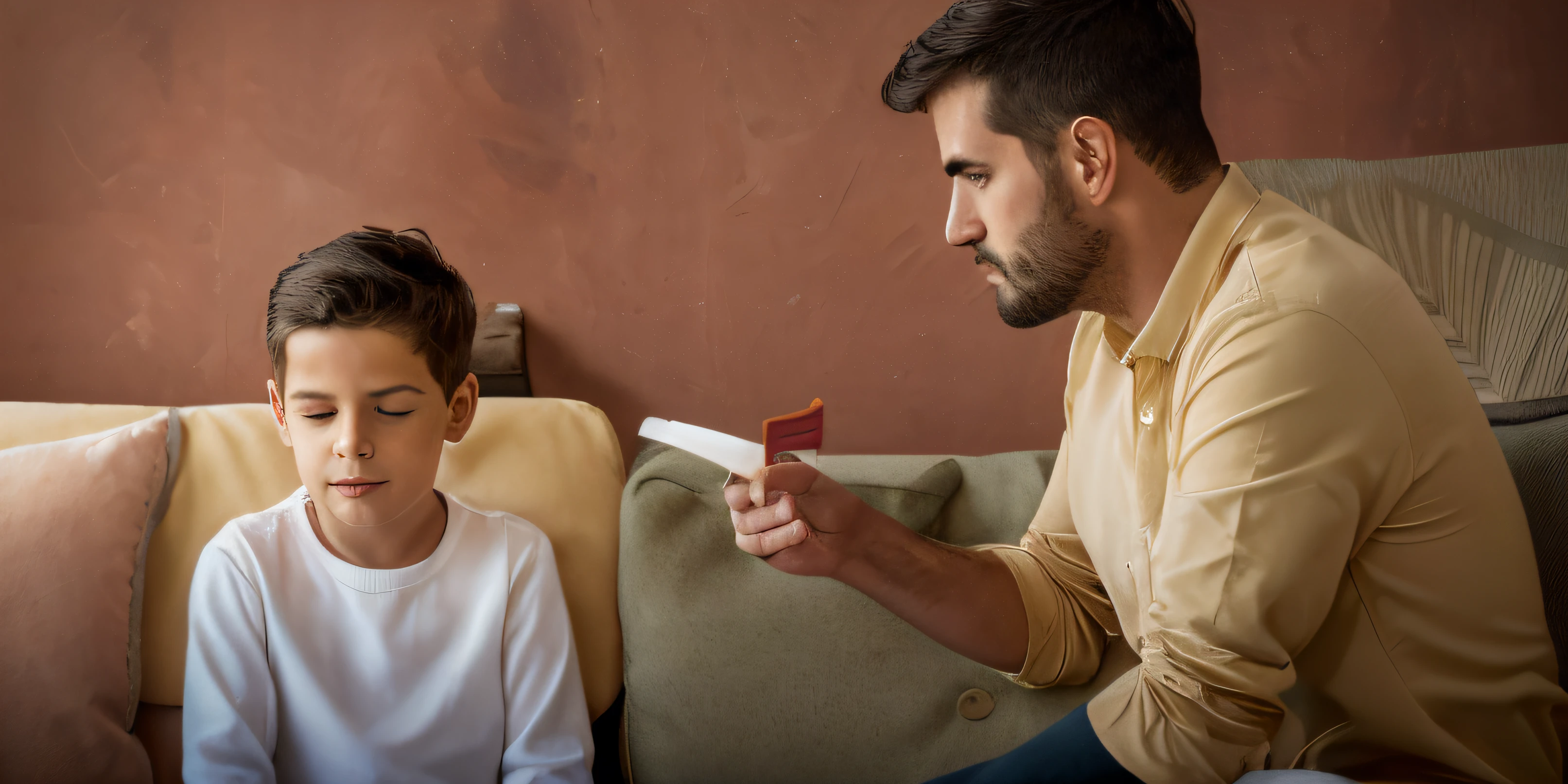 It's two boys sitting on a couch and one is pointing at something, bronca, irritado e apontando, Discutindo, com o dedo indicador, with a kid, they are very serious, mostrando raiva, easy to understand, testa larga paterna carinhosa, interrompendo o grande jogo, cabrito, dramatic situation, olhando parcialmente para a esquerda, instigante, educativo
