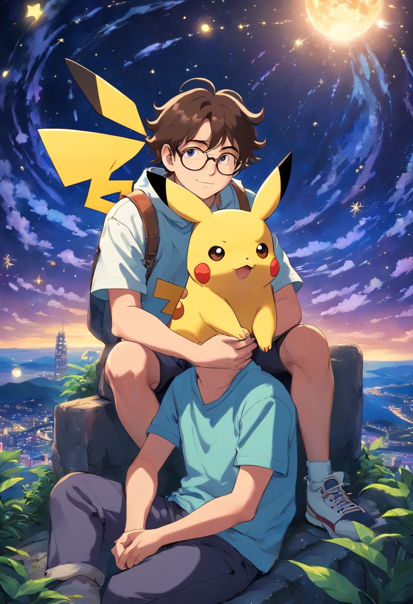 Homem jovem moreno, de casaco, wearing glasses with wavy hair sitting with Pikachu, Watching the starry sky at night