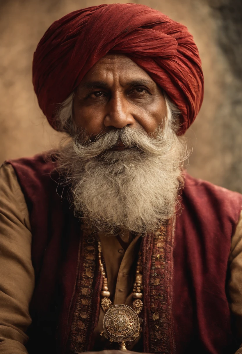 (old indian man:1.1, age 50, wearing turban:1.2,white bigger beard:1.1,bigger moustache:1.1,lighting cigar:1.2,in swag,extremely detailed facial hairs,portrait,half body,medium:oil painting,detailed eyes and face,detailed turban,traditional clothing,aged appearance,royal background,studio lighting,vibrant colors,dignified expression) bhasma on forehead, holding sigarete in hand