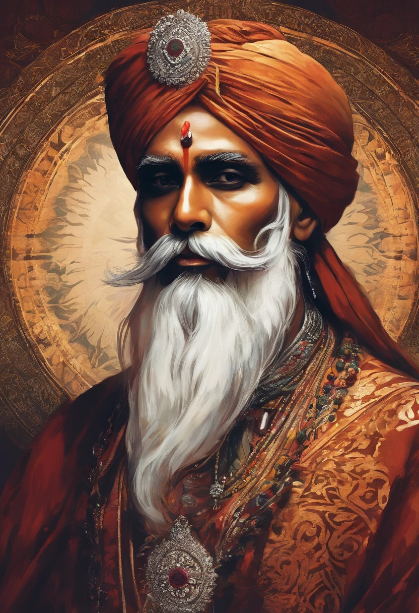 (old indian man:1.1,wearing turban:1.2,white bigger beard:1.1,bigger moustache:1.1,lighting cigar:1.2,in swag,extremely detailed facial hairs,portrait,half body,medium:oil painting,detailed eyes and face,detailed turban,traditional clothing,aged appearance,royal background,studio lighting,vibrant colors,dignified expression) bhasma on forehead, holding sigarete in hand