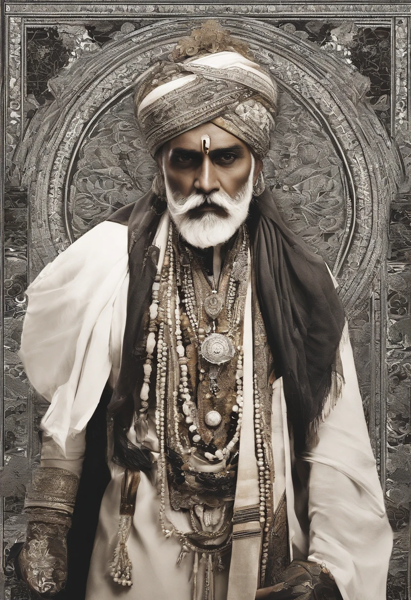 (old indian man:1.1,wearing turban:1.2,white bigger beard:1.1,bigger moustache:1.1,lighting cigar:1.2,in swag,extremely detailed facial hairs,portrait,half body,medium:oil painting,detailed eyes and face,detailed turban,traditional clothing,aged appearance,royal background,studio lighting,vibrant colors,dignified expression) bhasma on forehead, holding sigarete in hand