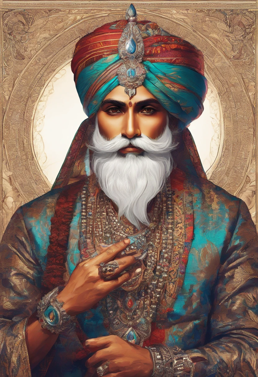 (old indian man:1.1,wearing turban:1.2,white bigger beard:1.1,bigger moustache:1.1,lighting cigar:1.2,in swag,extremely detailed facial hairs,portrait,half body,medium:oil painting,detailed eyes and face,detailed turban,traditional clothing,aged appearance,royal background,studio lighting,vibrant colors,dignified expression) bhasma on forehead, holding sigarete in hand