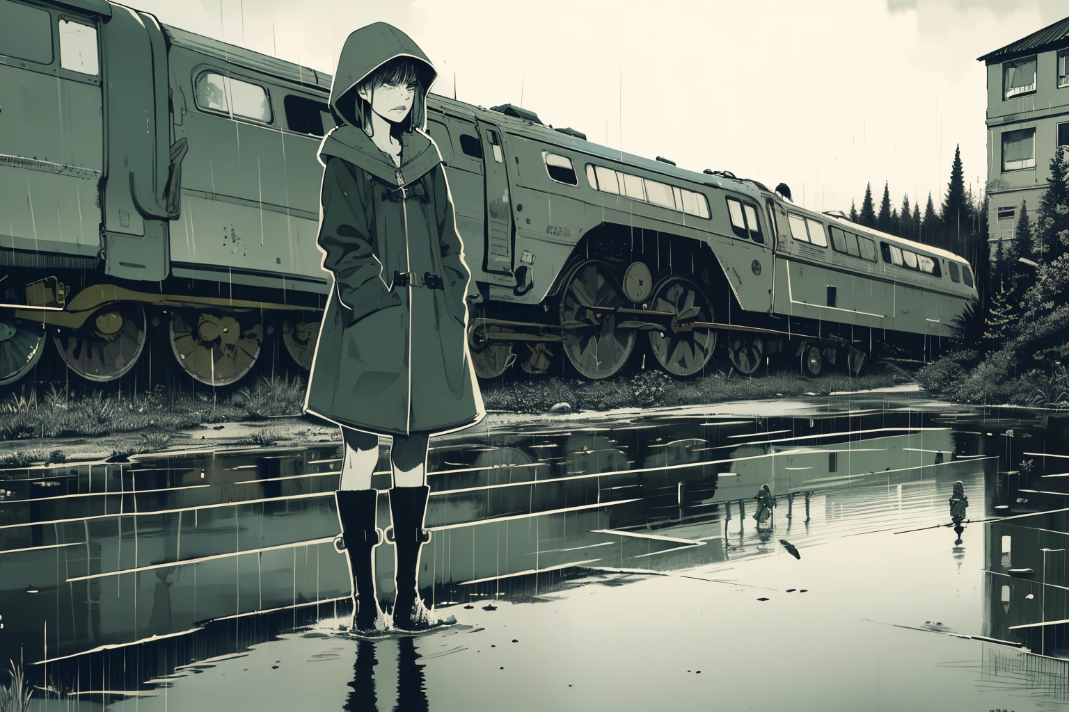 masterpiece, best quality, 2girls, (closeup), 18yo teen, slim, small breast, walk knee-deep in water, sad, tired, dirty face, green raincoat, hoods on, goggles on head, (backpacks), military pants, heavy rain, downpour, flood, wasteland, abandoned train station, grey, desolate, rain, dark, watercolor, sketch