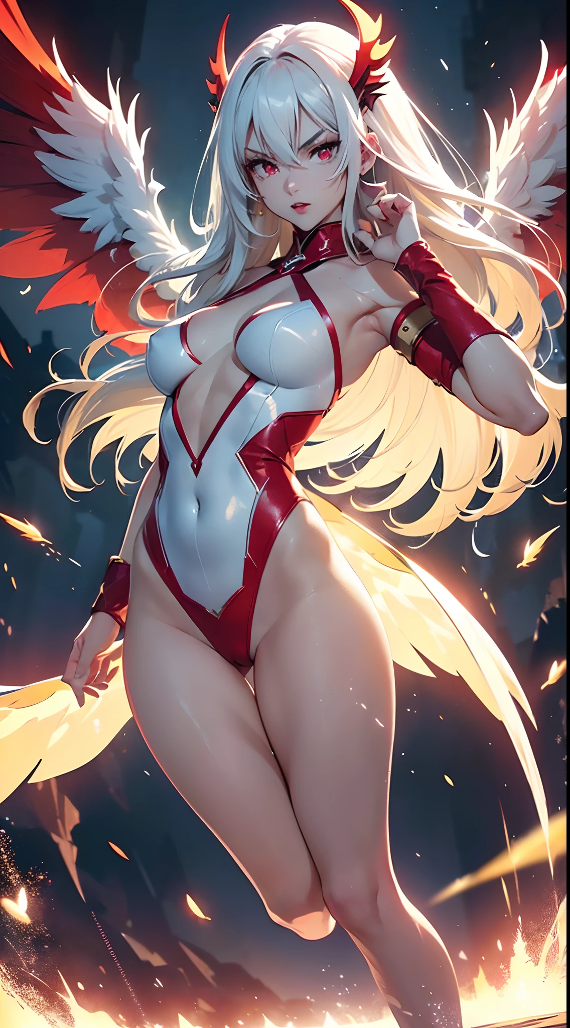 Nudity, 20 year old young woman( Long white hair ),(bright red eyes)<=(eyes HD lighting) (has red lips), beautiful eyebrows (badass expression) both hands have red bracelets on the arms (no cloth) ( ) (has 6 large wings with a beautiful bright green color) (He wears gold bracelets on both feet) (sky setting at sunset) (there is an effect of bright red particles flying in the background, (flying) (pose during serious fighting) <=(lunging forward)giving an elegant and epic impression.dark atmosphere with bright particle light(many effects in background)