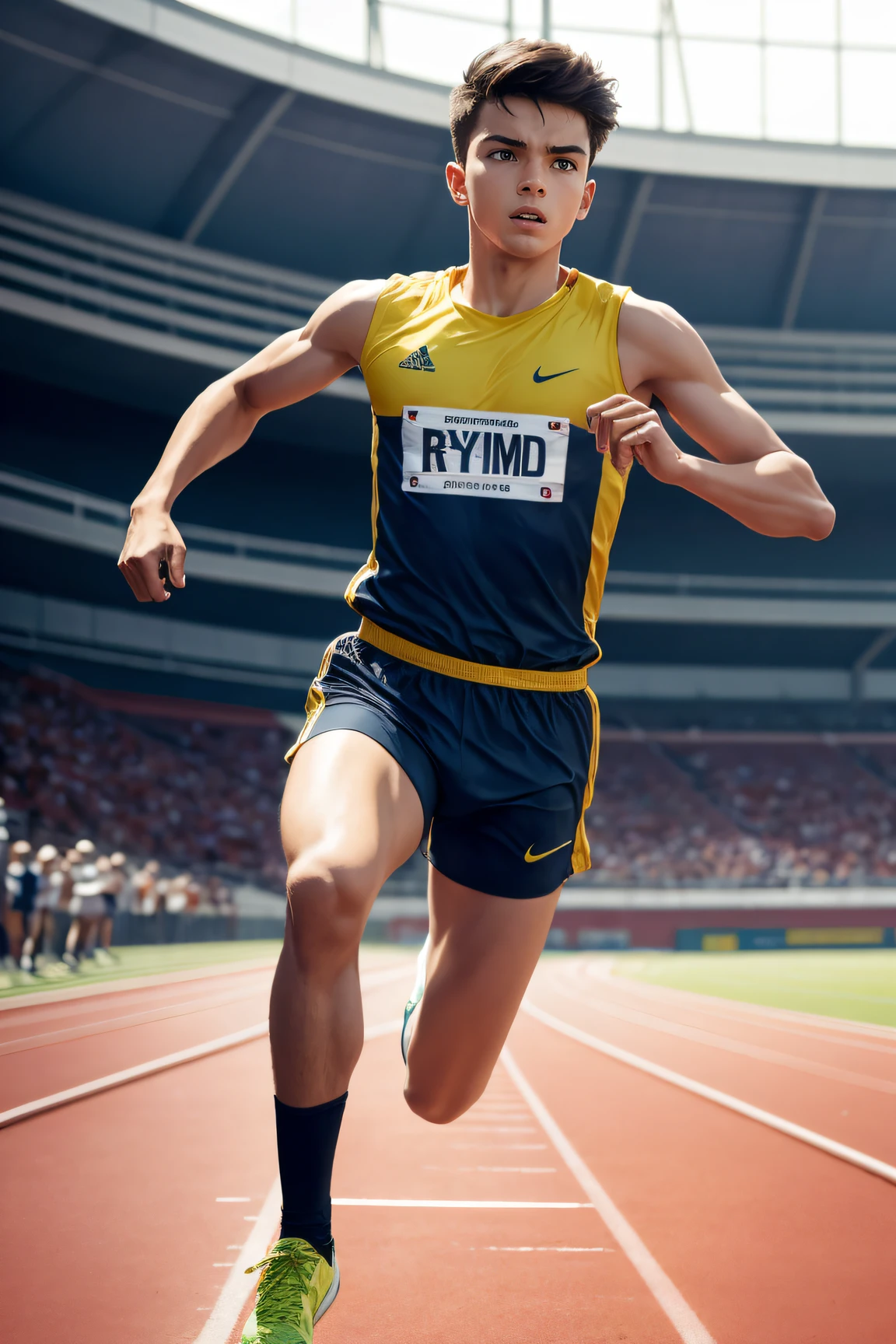 best qualtiy, tmasterpiece, (1 boy running on the track), Starting action, dynamicposes, A high resolution, k hd, highly details, Detailed details of the sports day background, award winning, highres