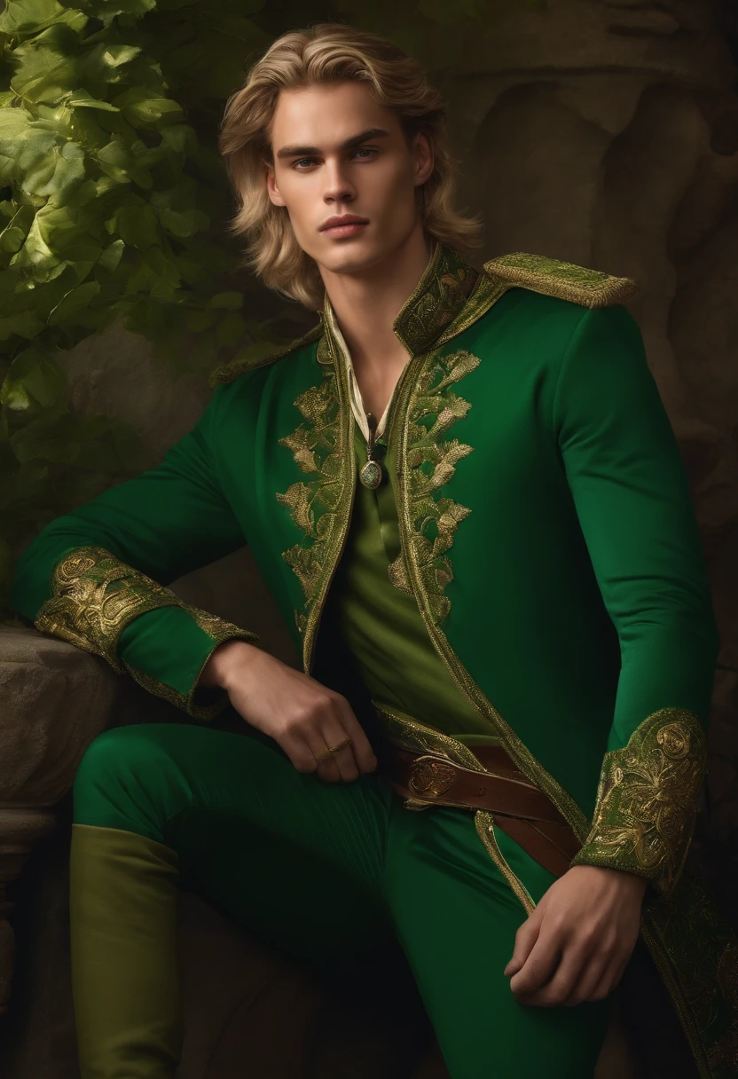 Neels Visser is a prince who has golden blonde hair, wears a moss green medieval military outfit, looking forward with piercing emerald green gaze. full body, art by Greg Rutkowski