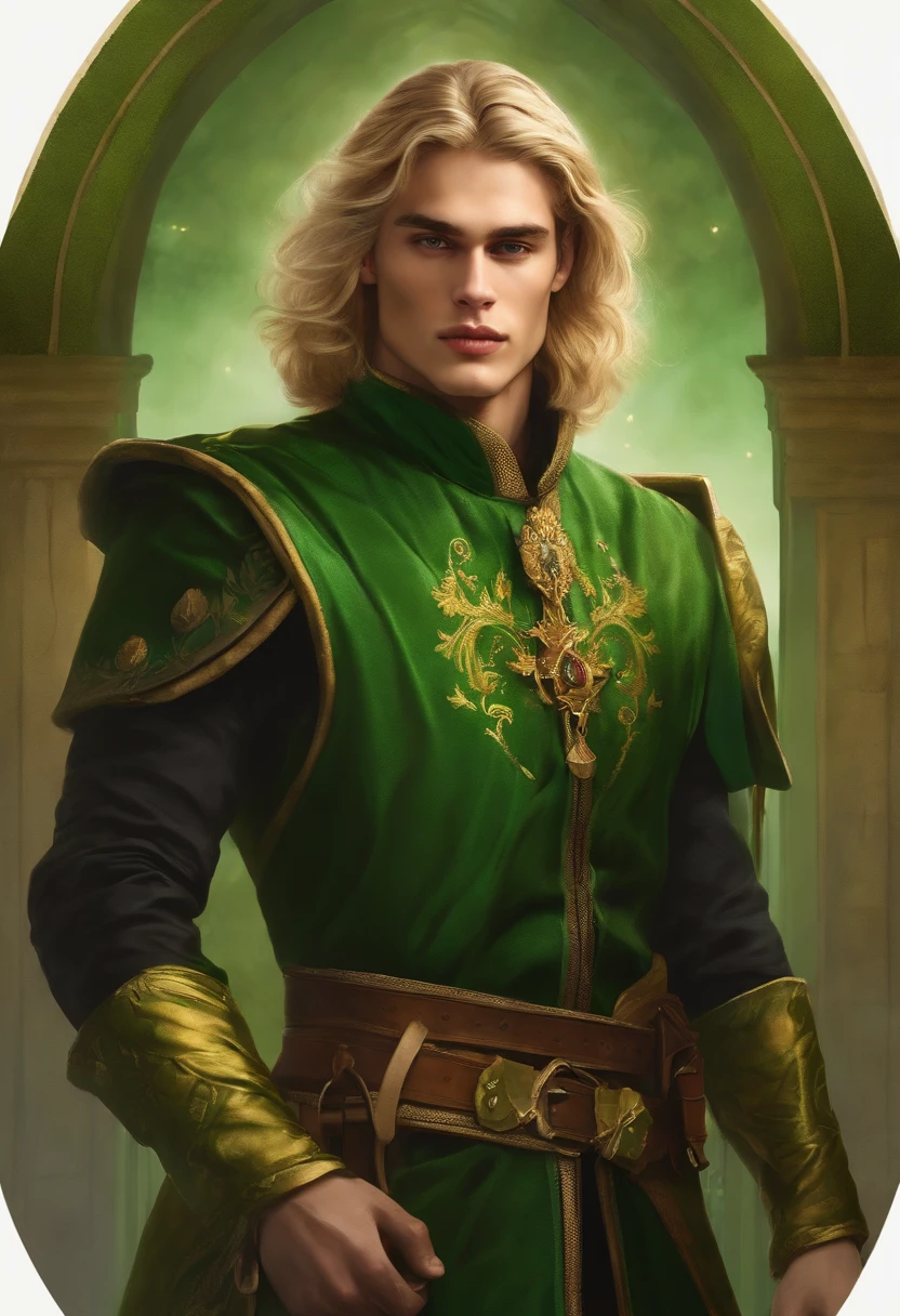 Neels Visser is a prince who has golden blonde hair, wears a moss green medieval military outfit, looking forward with piercing emerald green gaze. full body, art by Greg Rutkowski