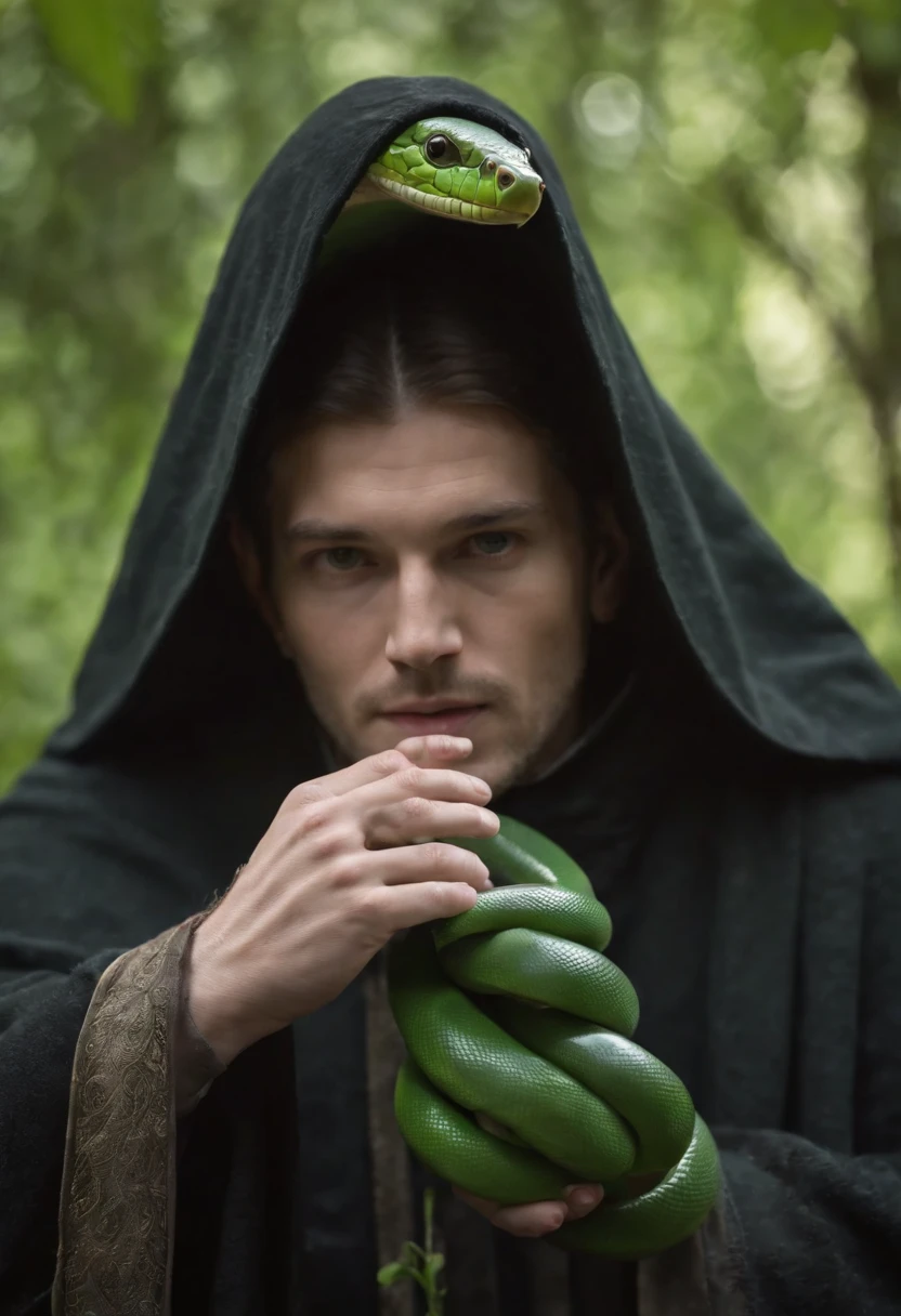 The lord of the world in a black cloak on a green snake