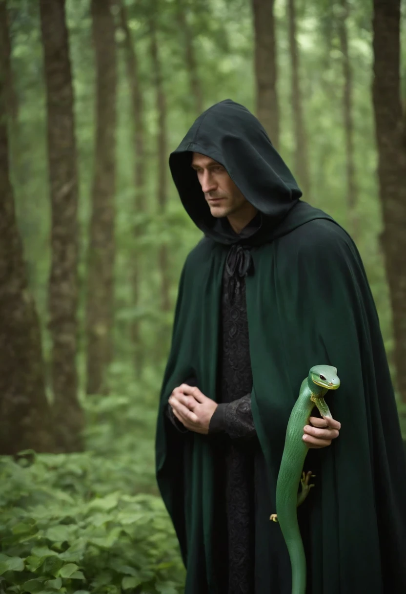 The lord of the world in a black cloak on a green snake