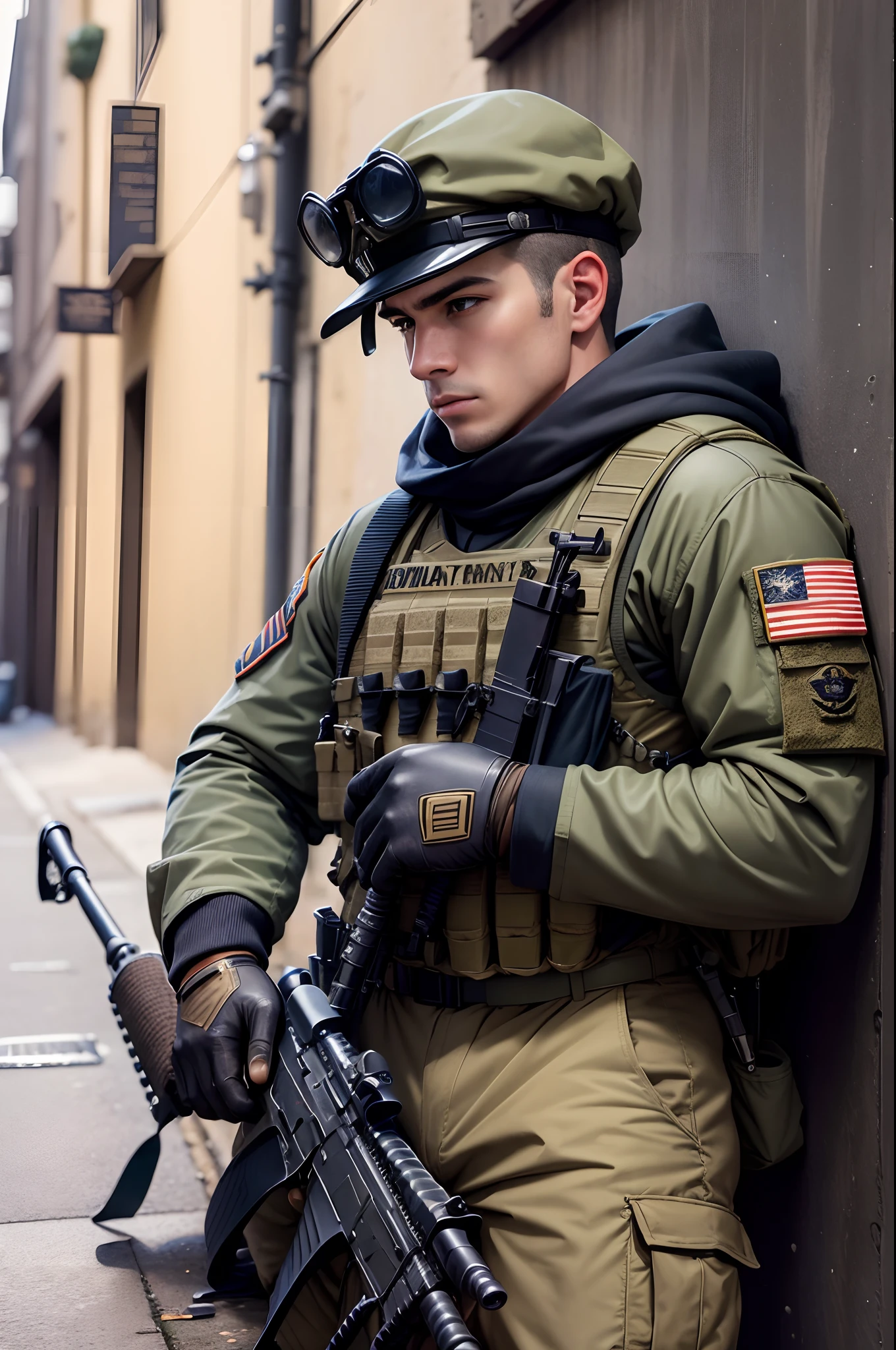 (masutepiece, Best Quality, Ultra-detailed, hight resolution, Best Illustration)Alafed soldier with rifle and rifle in hand, Portrait of a Navy SEAL soldier, Man has a rifle, military photography, a soldier aiming a gun, airsoft cqb, holding rifle, wearing tactical gear, Modern military equipment, Marine, Portrait of the coat of arms of the United States Navy, soldier, Sturdy Soldier, profile shot, Military Gear, holding the sniper rifle, New York street background 超A high resolution real looking skin