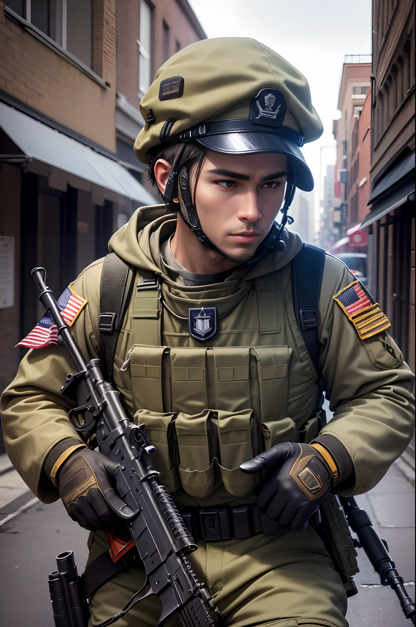 (masutepiece, Best Quality, Ultra-detailed, hight resolution, Best Illustration)Alafed soldier with rifle and rifle in hand, Portrait of a Navy SEAL soldier, Man has a rifle, military photography, a soldier aiming a gun, airsoft cqb, holding rifle, wearing tactical gear, Modern military equipment, Marine, Portrait of the coat of arms of the United States Navy, soldier, Sturdy Soldier, profile shot, Military Gear, holding the sniper rifle, New York street background 超A high resolution real looking skin