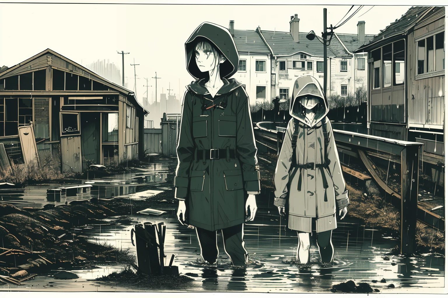 masterpiece, best quality, 2girls, (closeup), 18yo teen, slim, small breast, walk knee-deep in water, sad, tired, dirty face, green raincoat, hoods on, goggles on head, (backpacks), military pants, heavy rain, downpour, flood, wasteland, abandoned train station, grey, desolate, rain, dark, watercolor, sketch