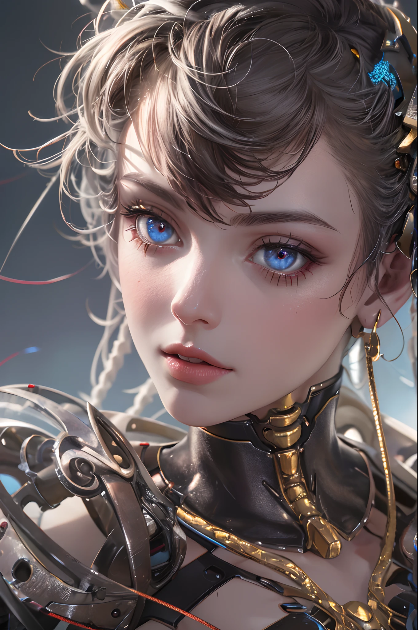 1mechanical girl,((ultra realistic details)), portrait, global illumination, shadows, octane render, 8k, ultra sharp,metal,intricate, ornaments detailed, cold colors, egypician detail, highly intricate details, realistic light, trending on cgsociety, glowing eyes, facing camera, neon details, machanical limbs,blood vessels connected to tubes,mechanical vertebra attaching to back,mechanical cervial attaching to neck,sitting,wires and cables connecting to head