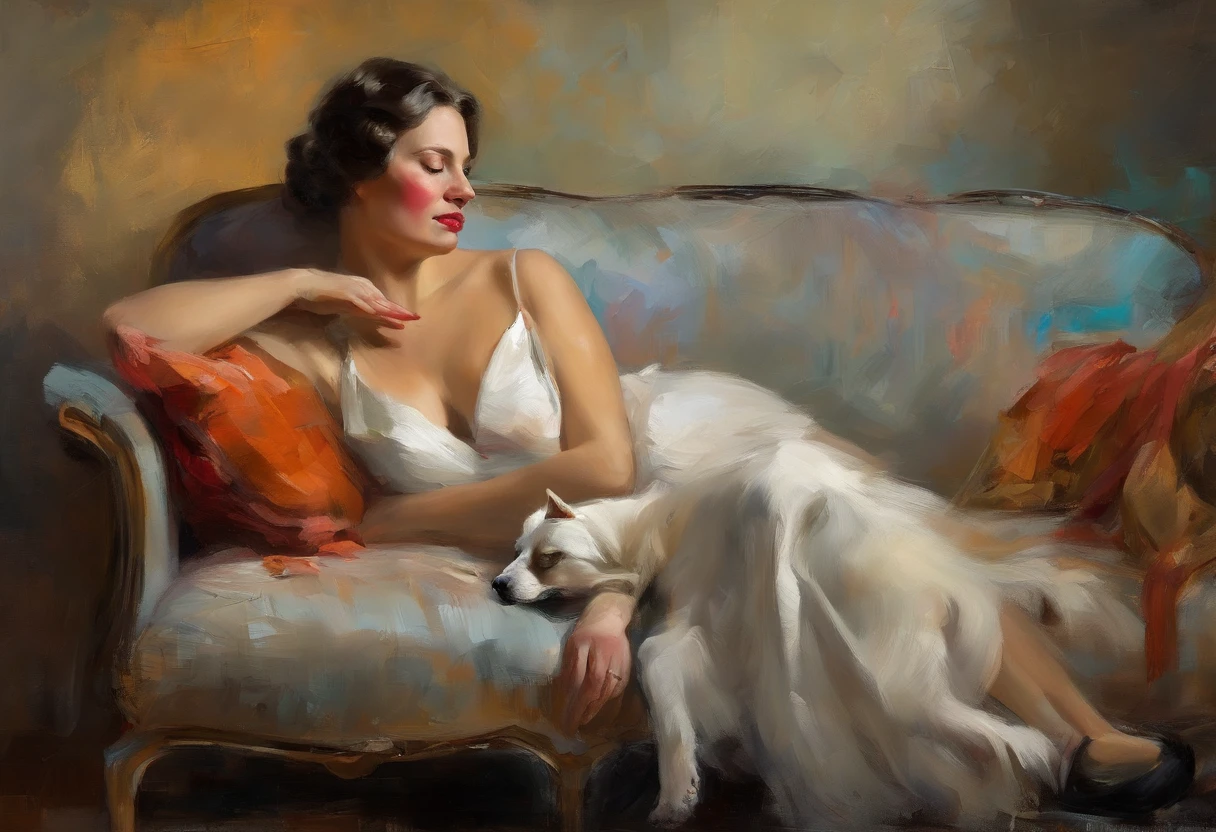 A painting of a woman with her eyes closed, dog sleeping next to her, 1930s ((golden ratio}} laying on the sofa after a long night on the town, a sensual painting, a Beautiful expressive painting, Wadim Kashin. Ultra photo realism, Louise Ross, digital painting art, Perceptual digital painting, Stylish digital painting, Bonito painting, glossy digital painting, beautiful digital painting, digital art painting, Fine paintings, ((Rod acrylic paint)).