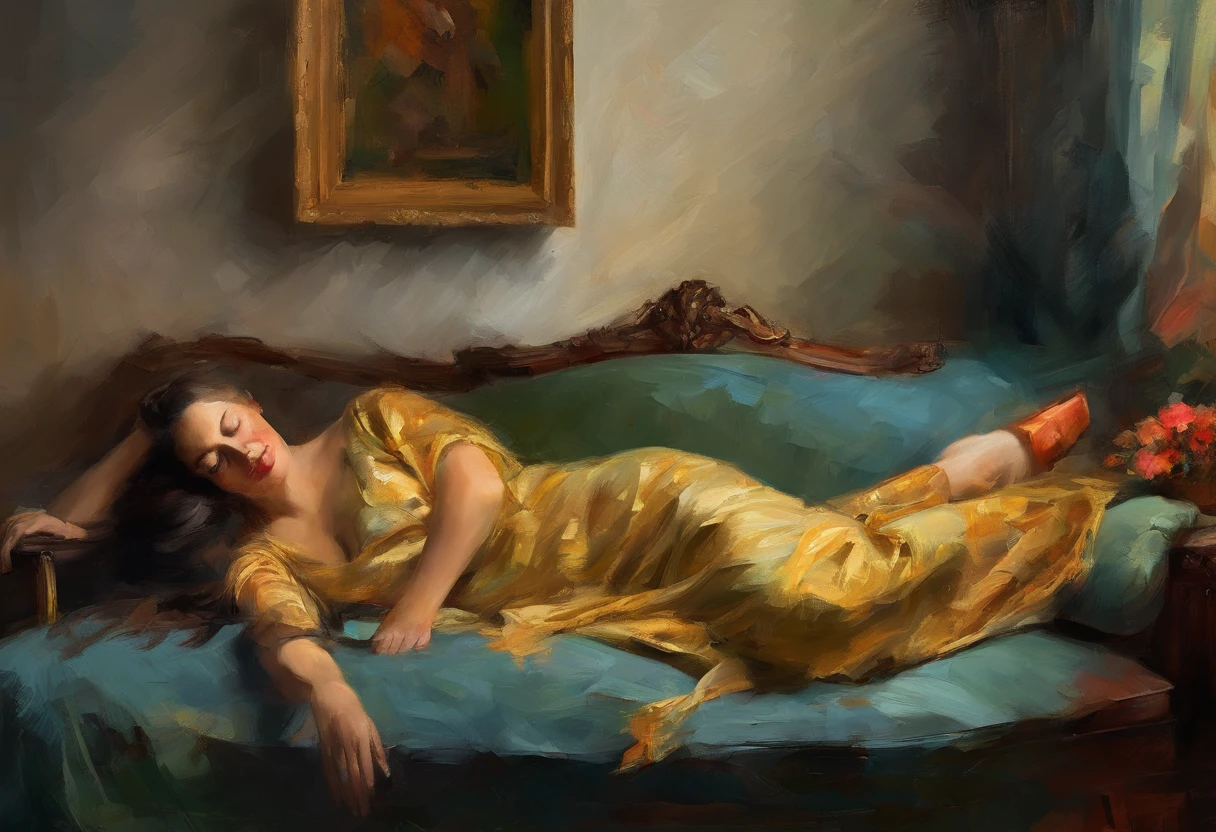 A painting of a woman with her eyes closed, perfect arms and hands, elegant in nature, beautiful backlighting on hair, full lips, wavy hair, up-do, her elbow leaning on sofa arm, with her hand resting under her chin, smiling about the events of the day, wearing a beautiful green dress, with exposed cleavage, breasts exposed and hanging out, 1 breast, ((golden ratio}} laying on the sofa after a long night on the town, a sensual painting, a Beautiful expressive painting, Wadim Kashin. Ultra photo realism, Louise Ross, digital painting art, Perceptual digital painting, Stylish digital painting, Bonito painting, glossy digital painting, beautiful digital painting, digital art painting, Fine paintings, thick strokes, pallette knife, impasto, Albrecht Dürer, Rembrandt, baroque art, alla prima, sfumato, chiaroscuro, intense light, catchlight