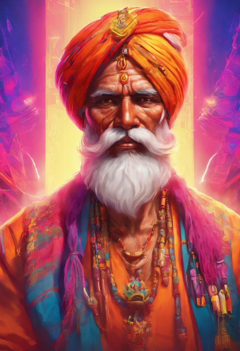 (old indian man:1.1,wearing turban:1.2,white bigger beard:1.1,bigger moustache:1.1,lighting cigar:1.2,in swag,extremely detailed facial hairs,portrait,half body,medium:oil painting,detailed eyes and face,detailed turban,traditional clothing,aged appearance,royal background,studio lighting,vibrant colors,dignified expression) bhasma on forehead, holding sigarete in hand