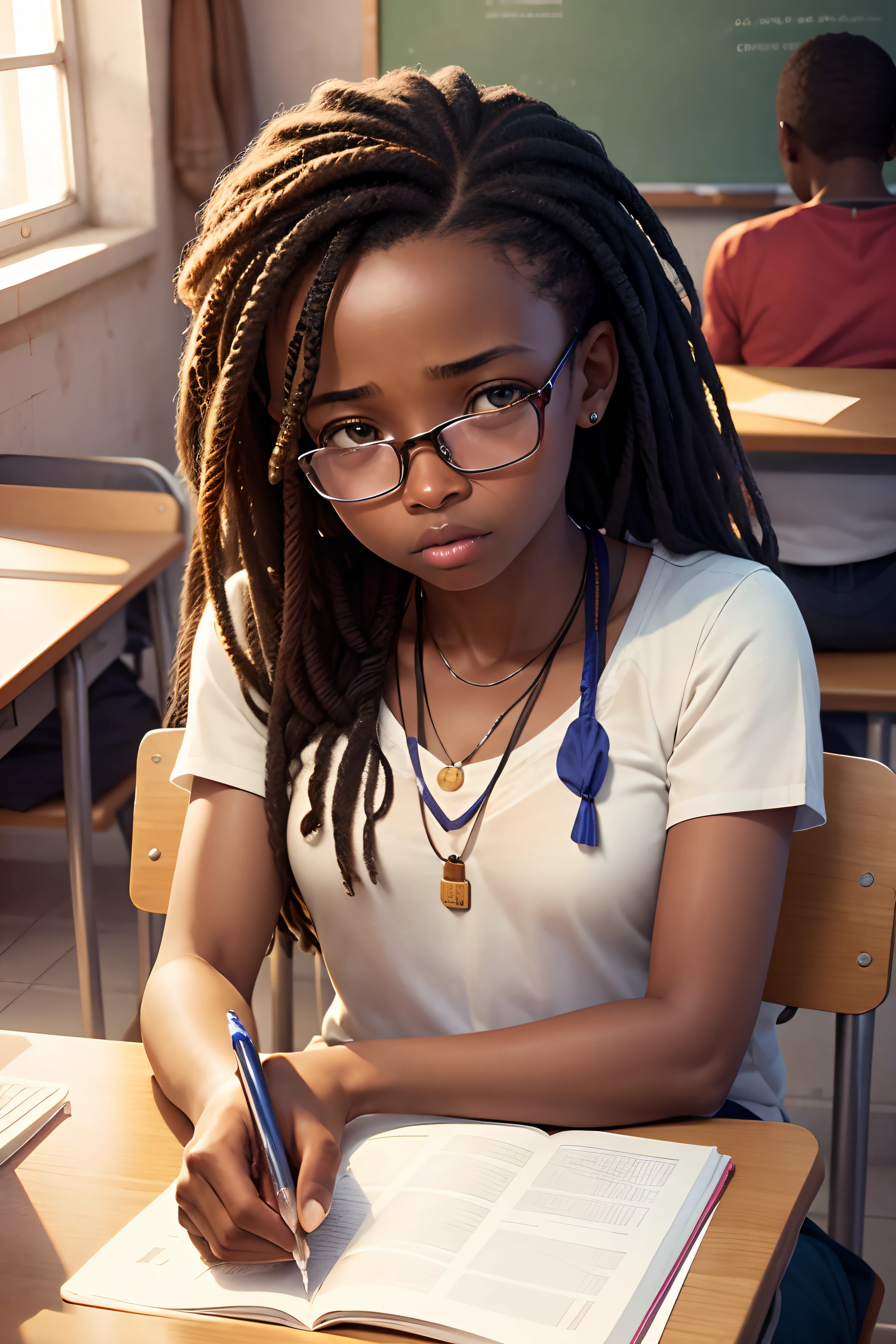 Photo of a middle-aged African university student on the bench in the classroom during the day telling a story while being a little sad and shocked and being scolded by her African teacher