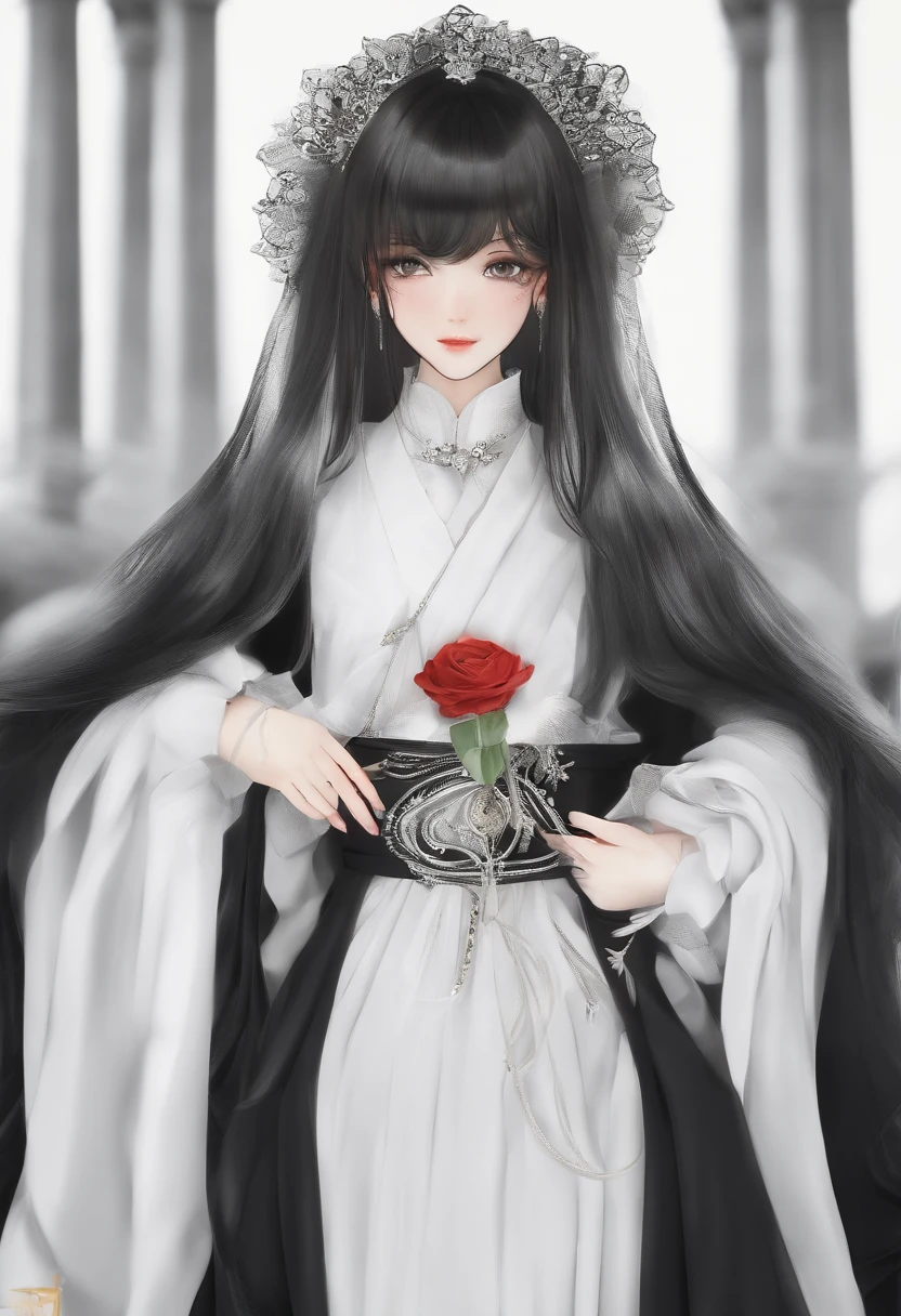 Lynn Minmay, 1fille, seulement, monochrome, tresser, Regarder le spectateur, robe, cheveux longs, traditional media, signature, frange, Makeup, Propres mains ensemble, cheveux noirs, Haut du corps, lipstick, Cheveux de perceuse, artist name, tresses jumelles, bridal gauntlets, sans manches