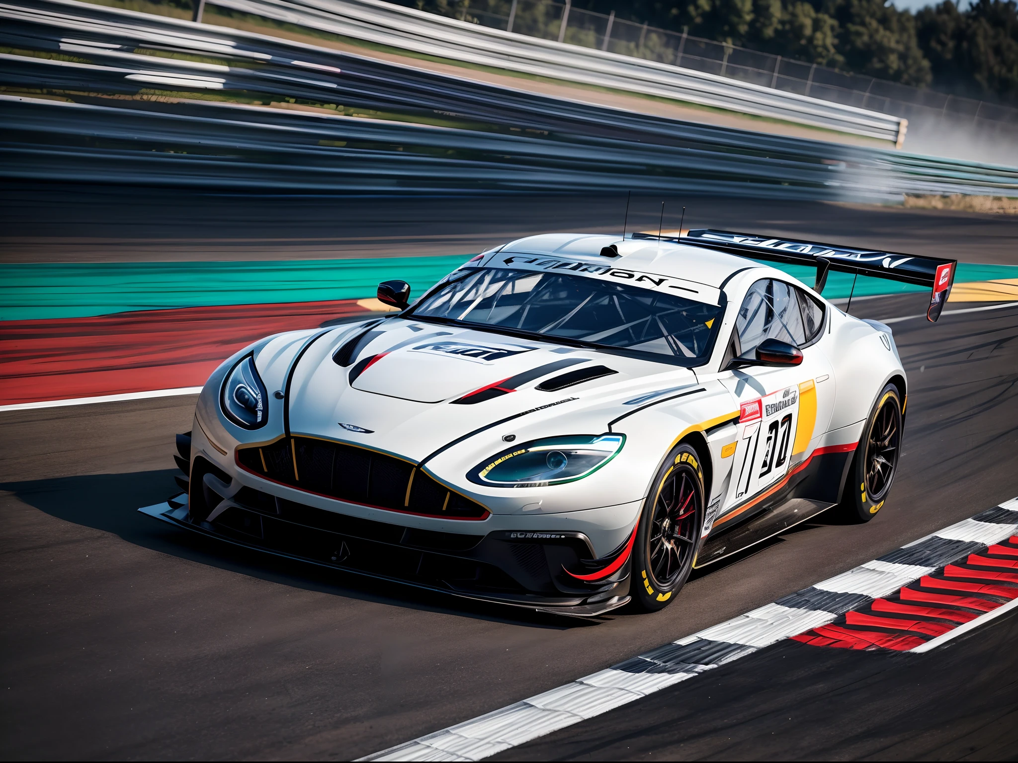 arafed image of a british racing green sports car driving through a tunnel, (8k, RAW photo, best quality, masterpiece:1.2), (realistic, photo-realistic:1.37), (full body:1.3) (detailed), (highres), ultra realistic, hyperrealistic, high detail RAW color photo of an aston martin db11 race car, high angle shot front view aston martin hypercar driving on a race track, stormy weather, (wet:1.2), (water dust:1.2), 8k uhd, high quality, motion blur, depth blur, cinematic, filmic image 4k, vibrant color, (reflections),(aston martin) race car,(race car:1.4),(endurance race car:1.4),at night, lights, High Detail, Sharp focus, (photorealism), realistic, best quality, 8k, award winning, dramatic lighting, epic, cinematic, masterpiece, rim light, ambient fog:1.3, dutch angle, depth of field,8k uhd, high quality, motion blur, depth blur, cinematic, filmic image 4k, vibrant color, (reflections),spoiler, GT3 race car, WEC endurance cars,rollcage,sponsors,livery, sponsored livery,lights turned on,motion blur,very fast moving