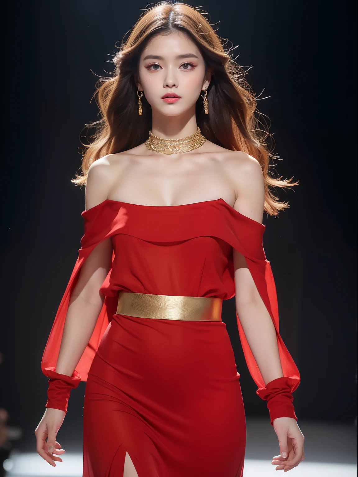 (Best quality, 8k, 32k, Masterpiece, UHD:1.2),Photo of Pretty Japanese woman, 1girl, (medium-short dark brown hair), double eyelid, fashion model, beautiful legs, contemporary cut,unique maxi very wet light red dress with slit, off-shoulder, gold belt, choker, stand tall, runway, huge stage, Paris Collection, nsfw, full body, see through,,see-through_blouses,breast_pasty