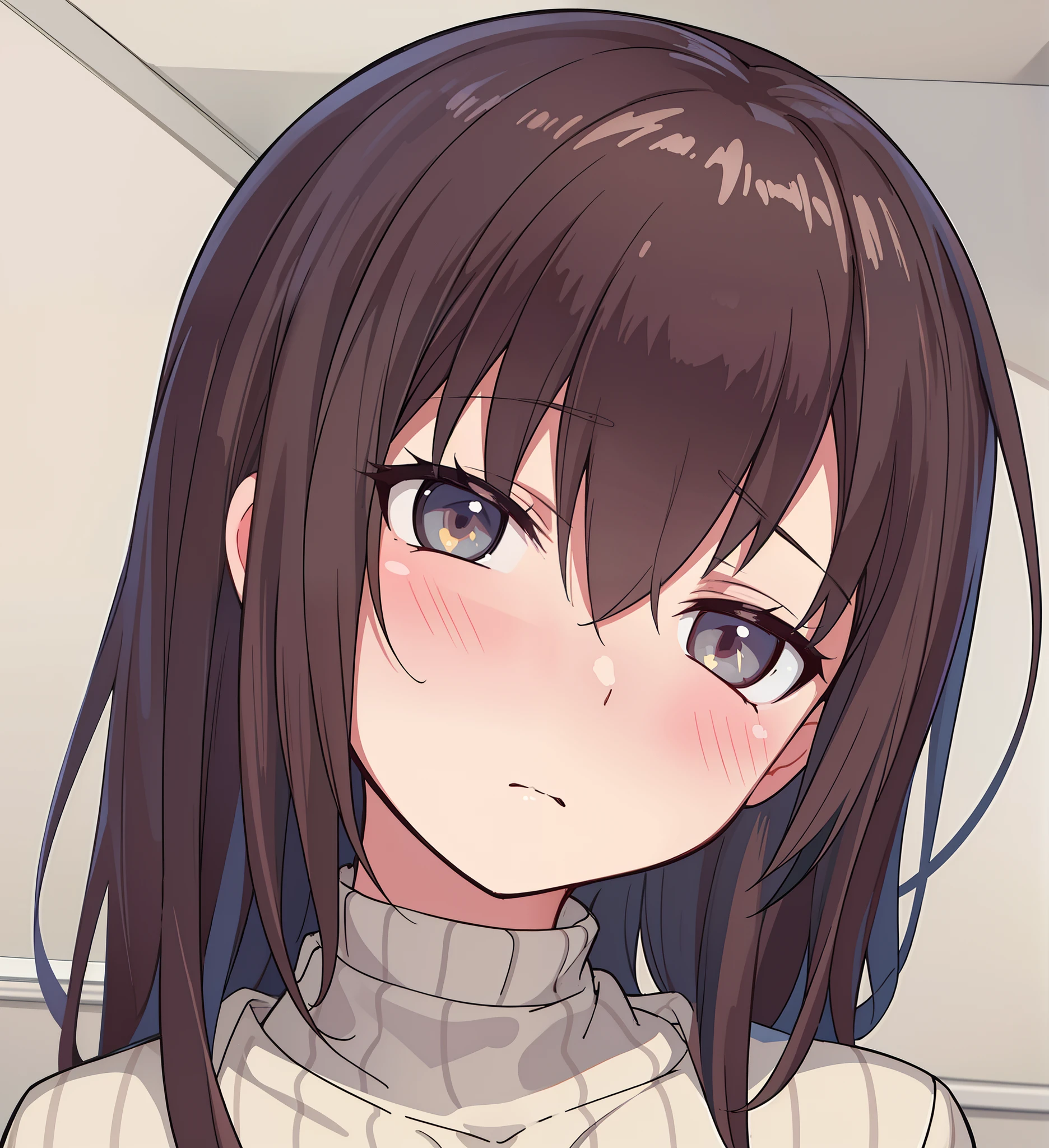 hiquality, tmasterpiece (one girls) Thick body. brown-hair. gray eyes. covered eyes. Embarrassed face. The clothes: Beige striped sweater. against the background of a room with a floor.