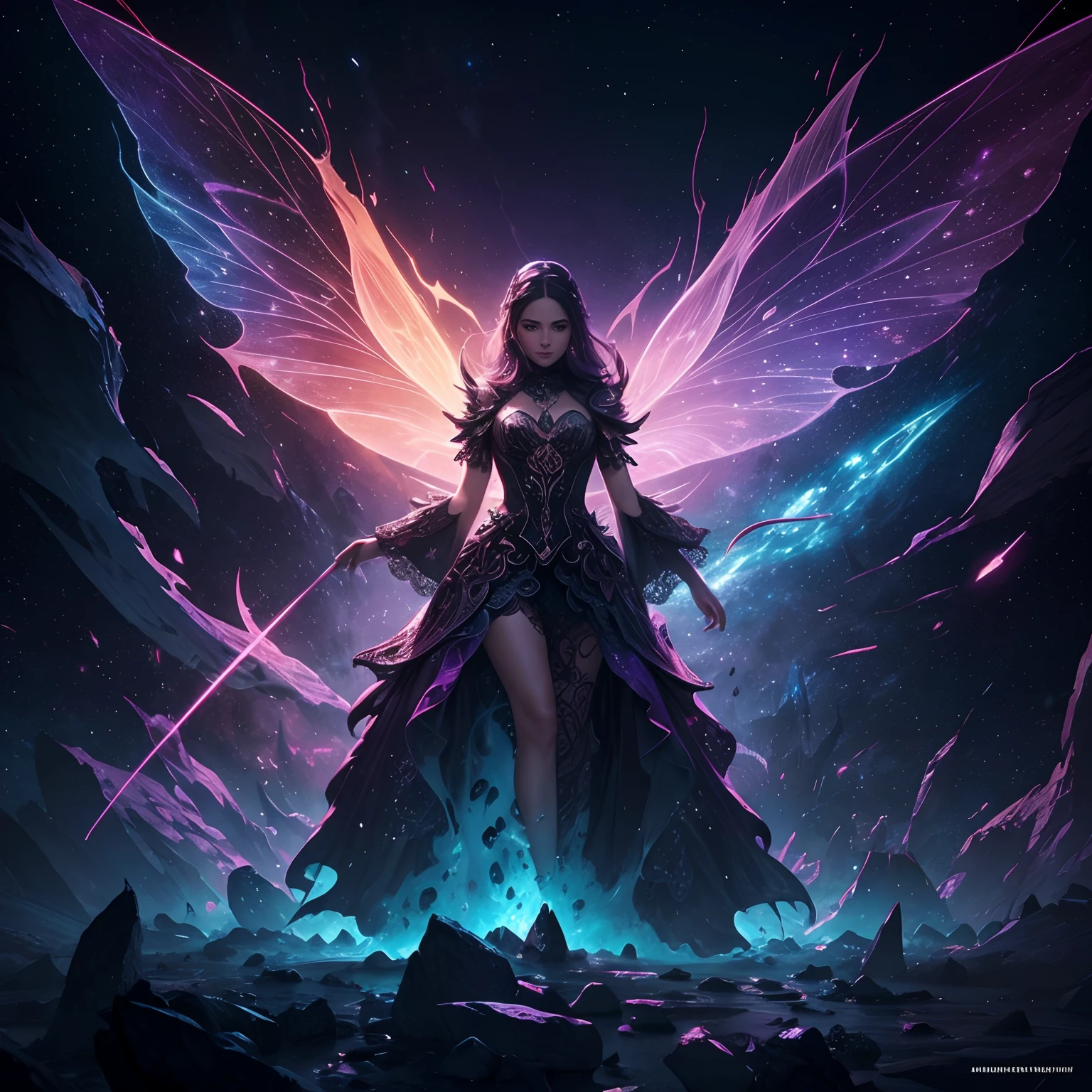 Majestic fairy in a Nebulosa , Splash art, Adobe Illustrator, Vector, 3D Illustration, Abstract Art, Print illustrations, Dark Background, Vibrant Color, Very Colorful, Trendy Colorful Gradient, Centered, Front View, Hyper Detailed, Photorealistic Rendering, 8k HD, Focused, Super Detailed, Intricately Detailed Splash Art Triadic Color Trend Artstation Unreal Engine 5 Volumetric Lighting, Gothic , High resolution, close-up, ambient light, Nikon 15mm f/1.8G, by GIlSam-paio octane rendering depicting innovation and truth, 8k, glamour, intricate detailed environment, lace, smudges , ornate, unreal engine, fantastica, sunset, milky way, starry night