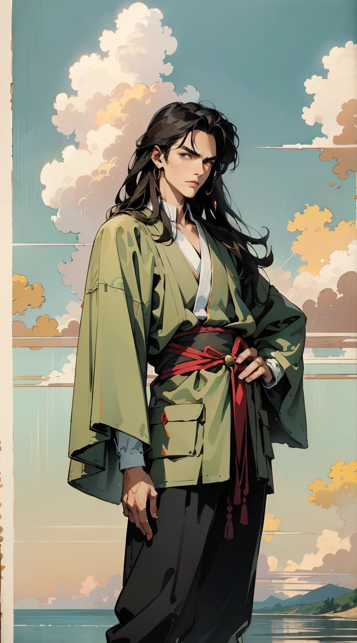 A man with disheveled long hair, a cascade of unruly locks, a handsome countenance, a carefree expression, tall and slender, wears a light-colored Chinese-style undershirt, over which he layers a loose dark-colored long daoist robe, long and wide sleeves, wears dark pants, surrounded by colorful clouds and mist, stands amidst a colorful sea of clouds and mist, this character embodies a finely crafted fantasy-style Chinese martial artist character in anime style, characterized by an exquisite and mature manga illustration art style, high definition, best quality, highres, ultra-detailed, ultra-fine painting, extremely delicate, professional, anatomically correct, symmetrical face, extremely detailed eyes and face, high quality eyes, creativity, RAW photo, UHD, 8k, Natural light, cinematic lighting, masterpiece:1.5