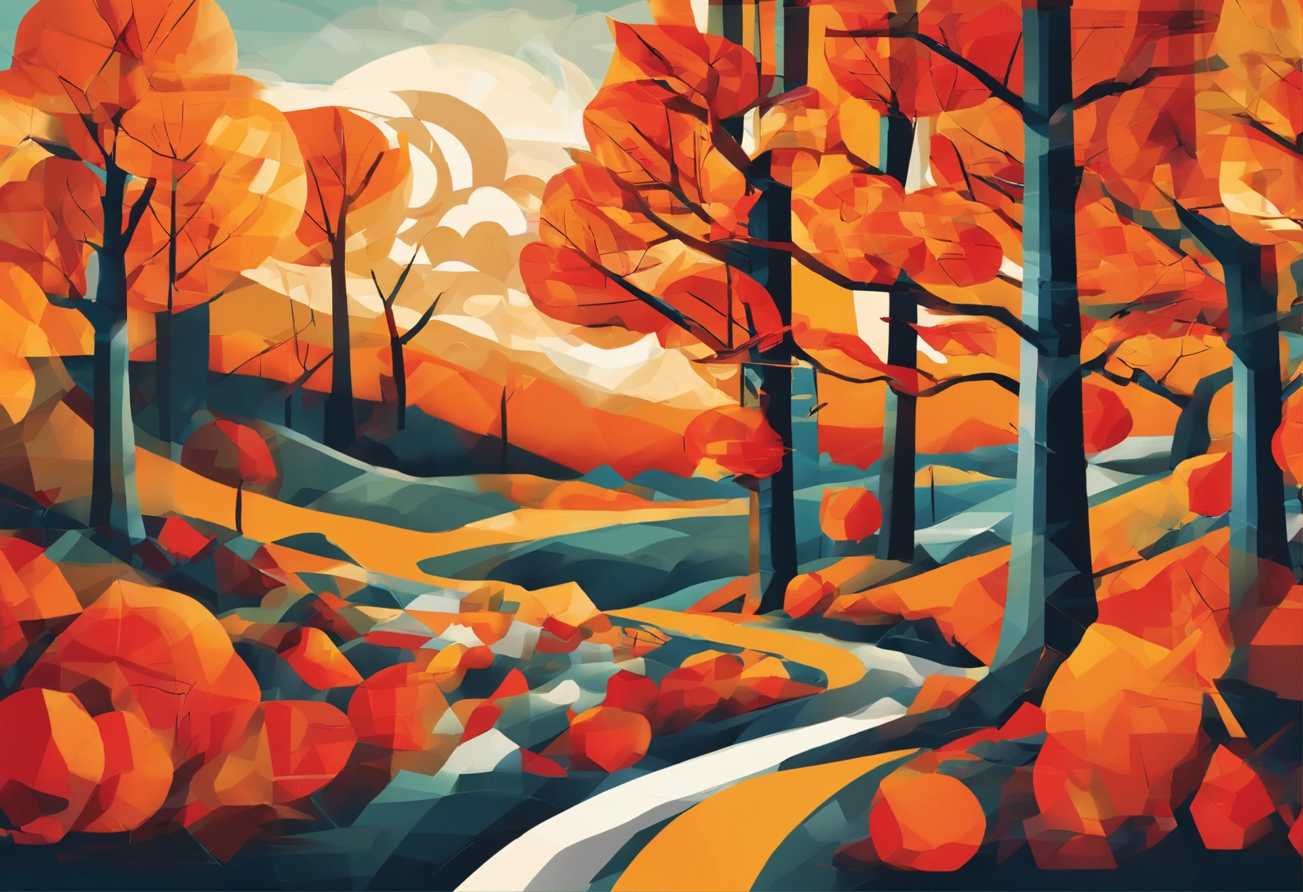 A vibrant and colorful depiction of the changing seasons, with a focus on the beauty of autumn. The image should show a landscape filled with rich, warm colors, such as reds, oranges, and yellows, as leaves turn and fall from trees. The scene should also include elements such as rolling hills, winding rivers, and towering mountains, all bathed in the golden light of the setting sun. The overall mood of the image should be one of serenity and beauty, reflecting the natural cycle of life and death that occurs during the autumn months.