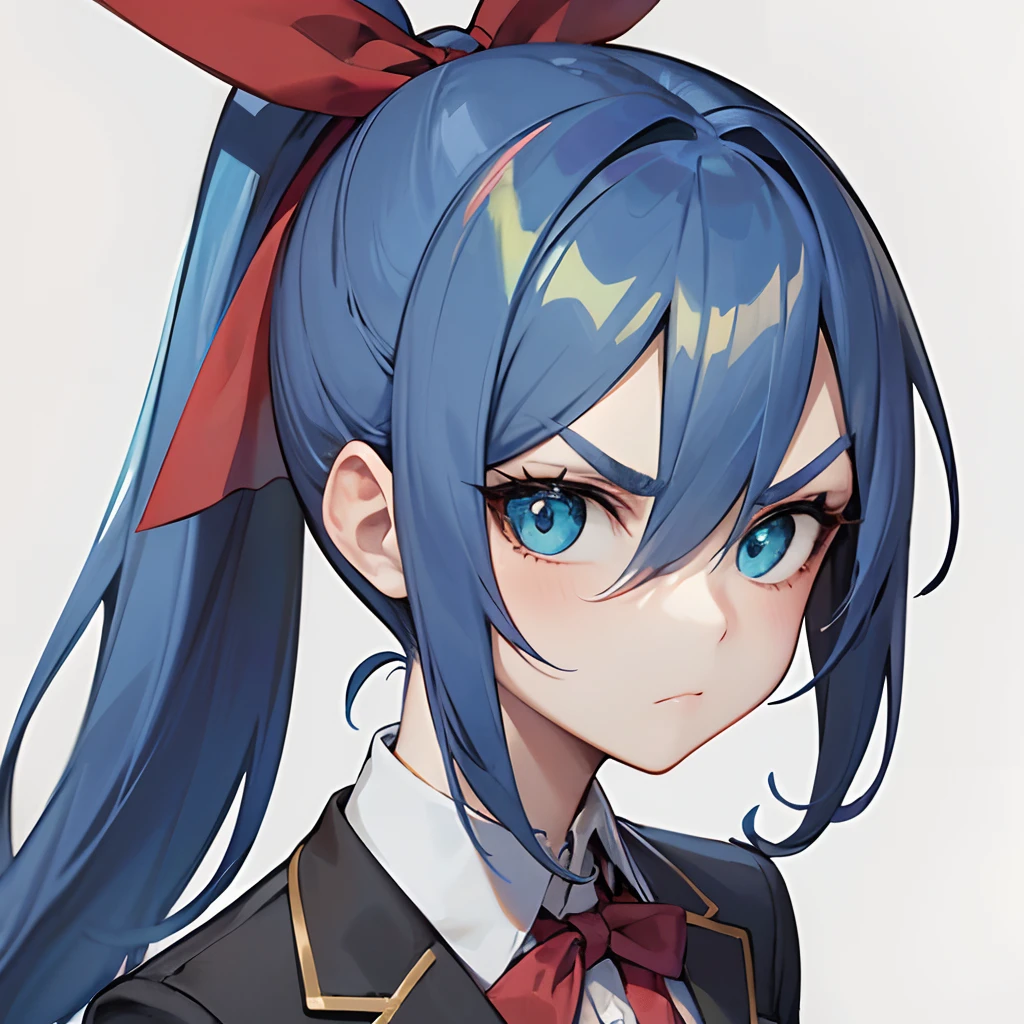 1girl, long blue hair, long ponytail, red hair ribbon, turquoise eyes, medium breast, bushy eyebrows, black suit jacket, frown, portrait, simple background, looking at the camera, from the front