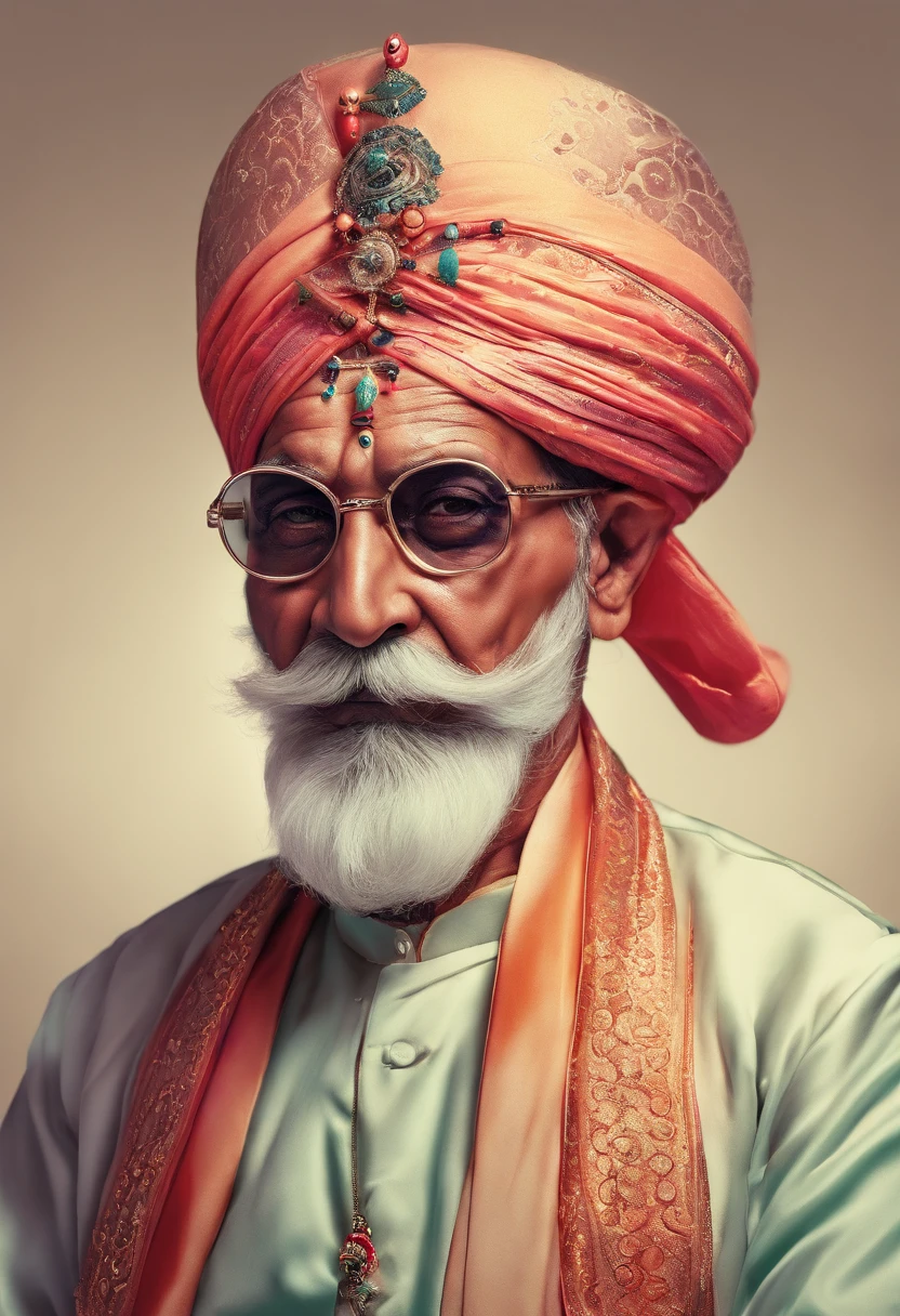(old indian man:1.1,wearing turban:1.2,white bigger beard:1.1,bigger moustache:1.1,lighting cigar:1.2,in swag,extremely detailed facial hairs,portrait,half body,medium:oil painting,detailed eyes and face,detailed turban,traditional clothing,aged appearance,royal background,studio lighting,vibrant colors,dignified expression) bhasma on forehead, holding sigarete in hand