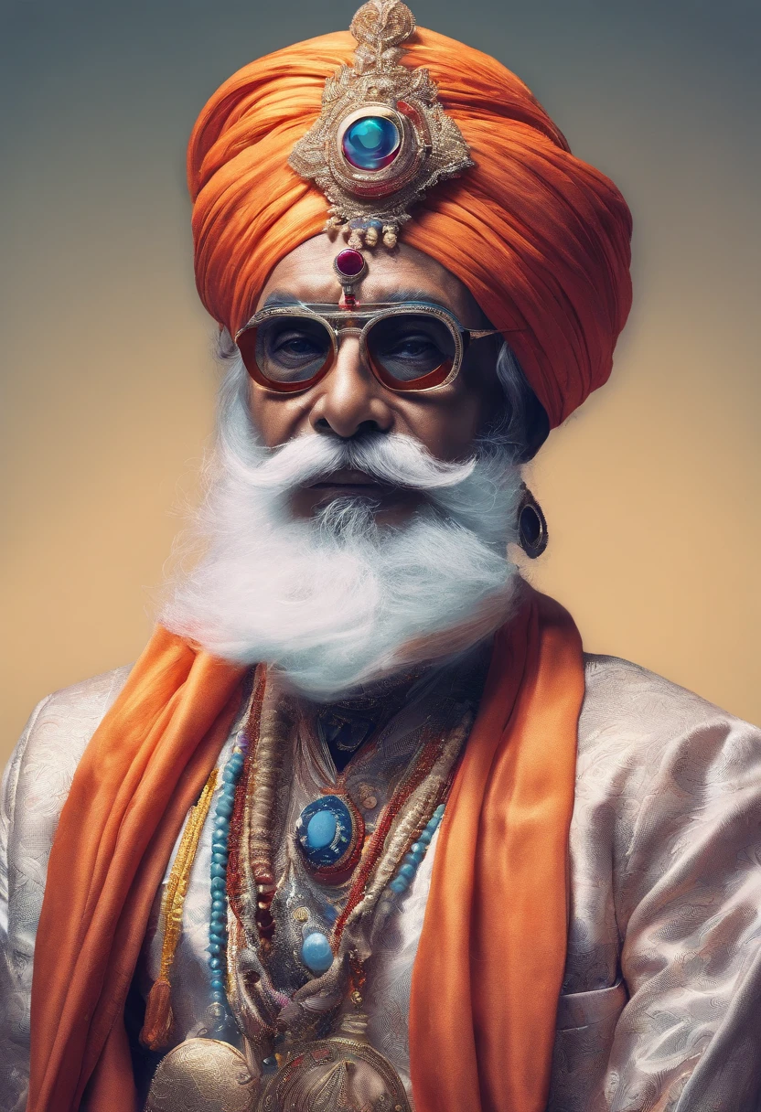 (old indian man:1.1,wearing turban:1.2,white bigger beard:1.1,bigger moustache:1.1,lighting cigar:1.2,in swag,extremely detailed facial hairs,portrait,half body,medium:oil painting,detailed eyes and face,detailed turban,traditional clothing,aged appearance,royal background,studio lighting,vibrant colors,dignified expression) bhasma on forehead, holding sigarete in hand