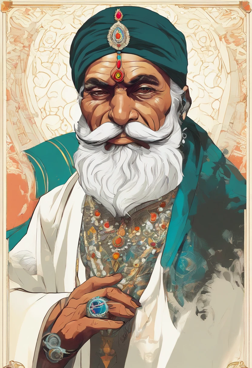 (old indian man:1.1,wearing turban:1.2,white bigger beard:1.1,bigger moustache:1.1,lighting cigar:1.2,in swag,extremely detailed facial hairs,portrait,half body,medium:oil painting,detailed eyes and face,detailed turban,traditional clothing,aged appearance,royal background,studio lighting,vibrant colors,dignified expression) bhasma on forehead, holding sigarete in hand
