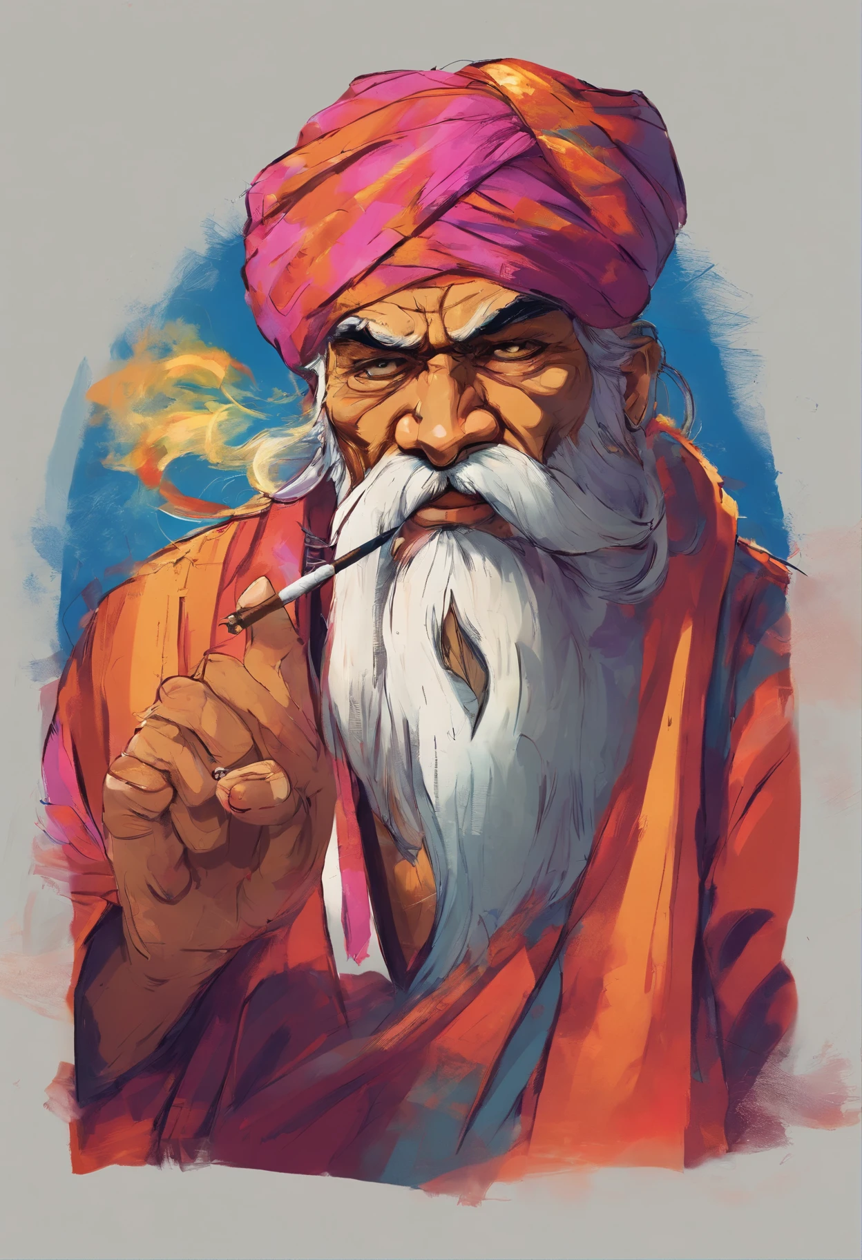 (old indian man:1.1,wearing turban:1.2,white bigger beard:1.1,bigger moustache:1.1,lighting cigar:1.2,in swag,extremely detailed facial hairs,portrait,half body,medium:oil painting,detailed eyes and face,detailed turban,traditional clothing,aged appearance,royal background,studio lighting,vibrant colors,dignified expression) bhasma on forehead, holding sigarete in hand