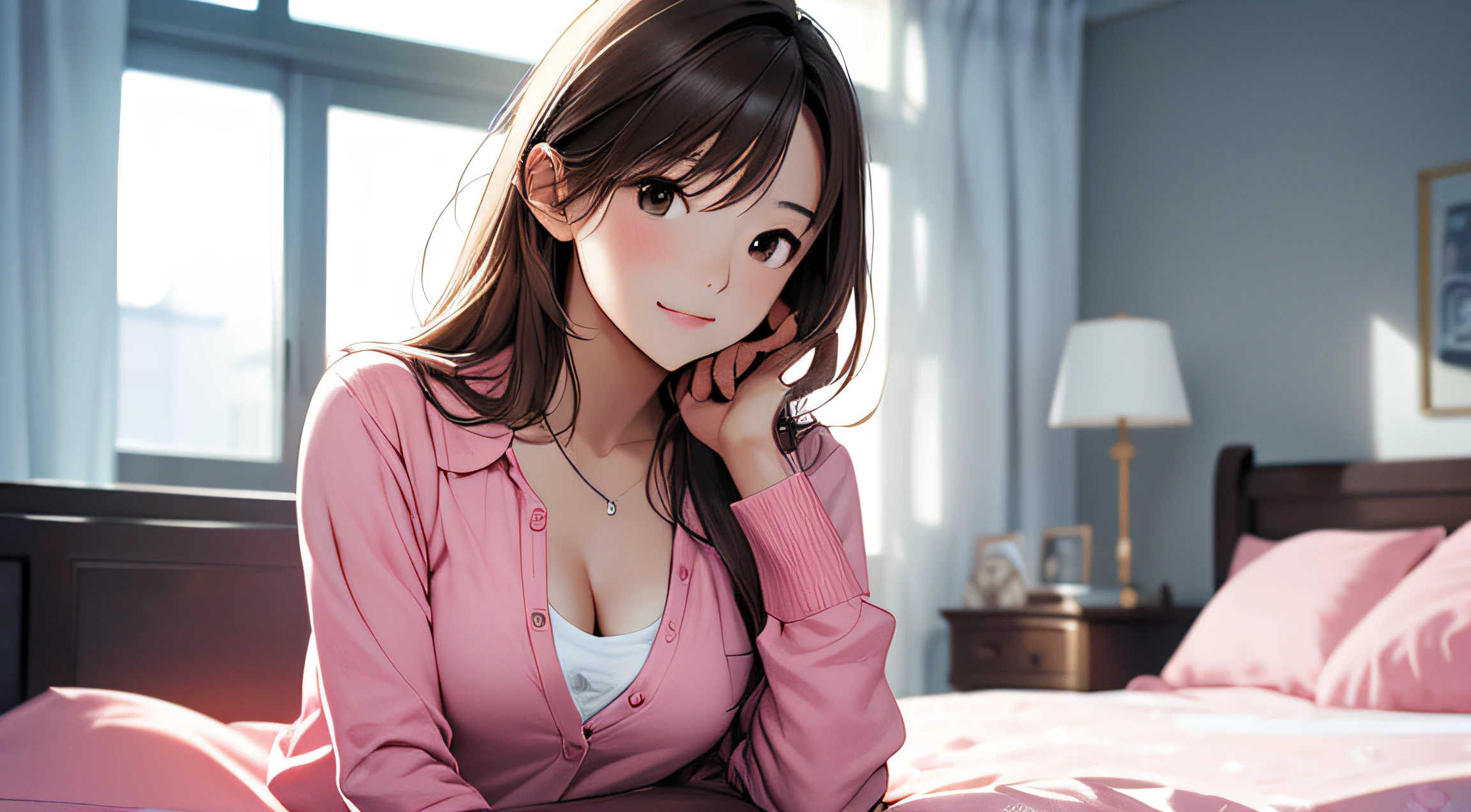 （A Certain Science Railgun、Seo Yeon Joo）、Brown skin、pink mini long sleeve shirt、（Medium hair in pink color）、Young、Cute、a beautifulchi girl、Perfect style、larjeBoobs、cute pose, Emphasizes cleavage、deadpan、realisic、Realistic、８ｋ、Heavily detailed、最好质量、Top image quality、high-resolution、A masterpice、only girl、（The background is a mattress）、