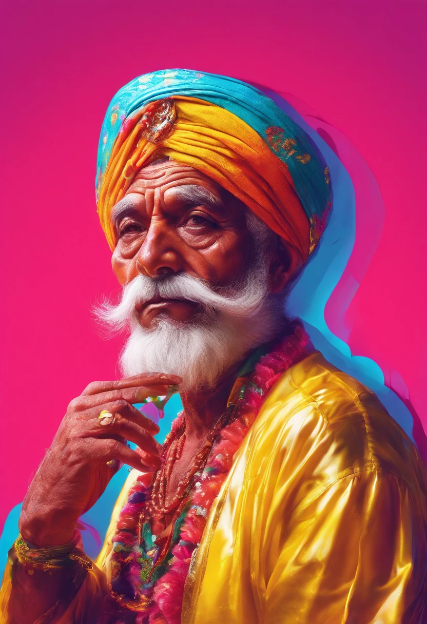 (old indian man:1.1,wearing turban:1.2,white bigger beard:1.1,bigger moustache:1.1,lighting cigar:1.2,in swag,extremely detailed facial hairs,portrait,half body,medium:oil painting,detailed eyes and face,detailed turban,traditional clothing,aged appearance,royal background,studio lighting,vibrant colors,dignified expression) bhasma on forehead, holding sigarete in hand