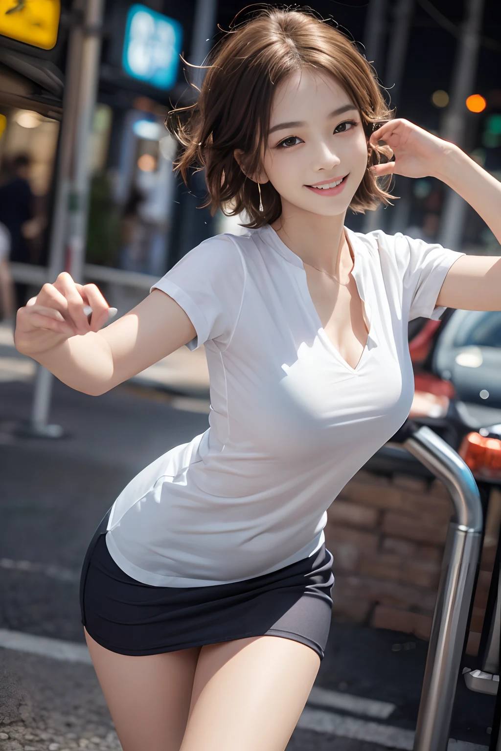 Smile full of happiness、((Looks happy:1.3))、18Old Beautiful Girl、Panting face、Lacking、Sweating、Expression in a state of excitement、short-hair、eye glass、(of the highest quality),8K,(masutepiece:1.3),(1 girl:1.3),(medium breasts:1.3),Realistic,High resolution,Highly detailed face and skin texture,Lifelike face,Original photo,((beautiful countenance:1.5)),(Beautiful Beautiful Girl:1.4),Perfect body proportions,Whiten skin,Shiny skin,((Ultra-detailed face)),Attention to detail,Double eyelids,Eye of Detail,Professional Lighting,Cinematic lighting,Focus Sharpening,((sporty style)),((light, Brightly colored clothing)),Brightly colored t-shirts,Short skirt,((Lively,Active,vivaciousness)),((You can see naughty panties)),((Exposing thighs)),(Erotic Poses:1.3),in a street、((Shirt shows through、)
