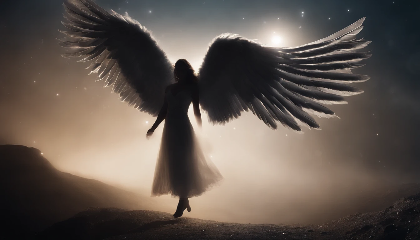 cosmic fallen angel, olhos claros brilhantes, Biomechanicals, estranho, assustador, Pesadelo, cores muito brilhantes, light particles, com luz brilhante, Mshiff, Arte do papel de parede, Papel de parede UHD