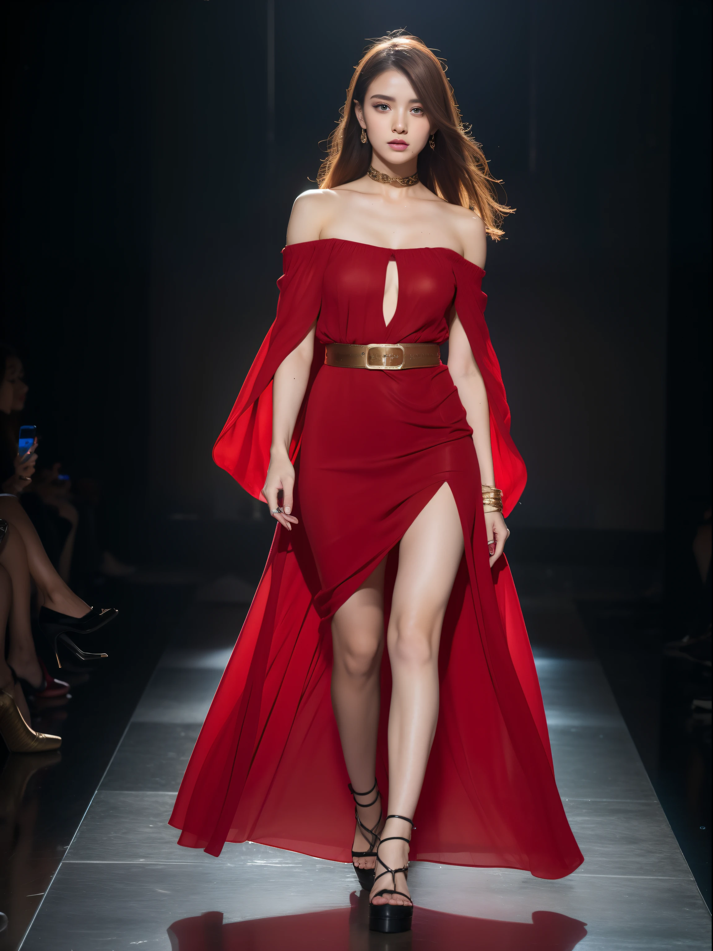 (Best quality, 8k, 32k, Masterpiece, UHD:1.2),Photo of Pretty Japanese woman, 1girl, (medium-short dark brown hair), double eyelid, fashion model,1.77meters, beautiful legs, unique maxi very wet red dress with slit, off-shoulder, gold belt, choker, stand tall, runway, huge stage, Paris Collection, nsfw, full body, see through,,