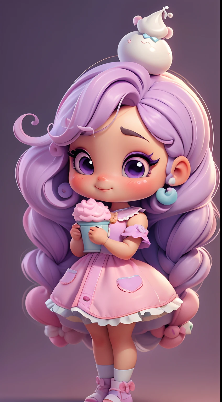 Create a series of cute afro chibi style dolls with a cute candyland chef theme, each with lots of detail and in an 8K resolution. All dolls should follow the same candyland candy wallpaper pattern and be complete in the image, mostrando o (corpo inteiro, incluindo as pernas: 1.5)
Boneca candyland f: Chame-a de Marina. She must have small hair in pastel lilac hue. Seus olhos devem ser grandes e expressivos, with long eyelashes and rosy cheeks. Sorriso delicado e branco. Sophie deve estar vestida com uma roupa colorida, lilac and purple pastels and sweet details. She should hold a candy in her hands. Certifique-se de adicionar detalhes nas roupas, such as buttons and pockets, sapato bonito
Certifique-se de adicionar sombras, texturas e detalhes nos cabelos, roupas, doces e chocolate em barra, to make them even more adorable and charming.