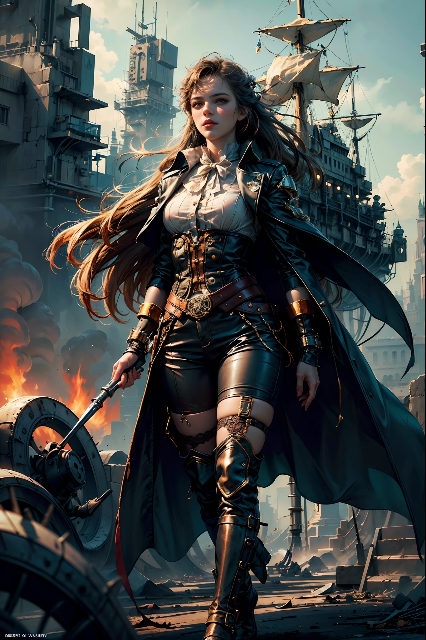 Ultra Resolution, Ultra detail, 8k , HDR, Ultra sharp,((top-quality)), ((masterpiece)), ((realisitic)), (detailed), Reflective,een Emma Watson,steampunk girl,looking back at the camera,leather shorts,slender and graceful frame,inside pirate ship,helmet with goggles,(best quality,4k,8k,highres,masterpiece:1.2),ultra-detailed,(realistic,photorealistic,photo-realistic:1.37),hdr,UHD,studio lighting,ultra-fine painting,sharp focus,physically-based rendering,extreme detail description,professional,vivid colors,bokeh,portraits,landscape,horror,anime,sci-fi,photography,concept artists,vivid colors,bokeh,sepia tone,warm lighting,Full Body, steampunk fantasy style, steampunk girl, steampunk inventor girl, sci-fi steampunk, dieselpunk art style, steampunk pin-up girl, digital steampunk art, steam punk style, steam-punk, young girl in steampunk clothes, steampunk digital art, high quality steampunk art, steampunk