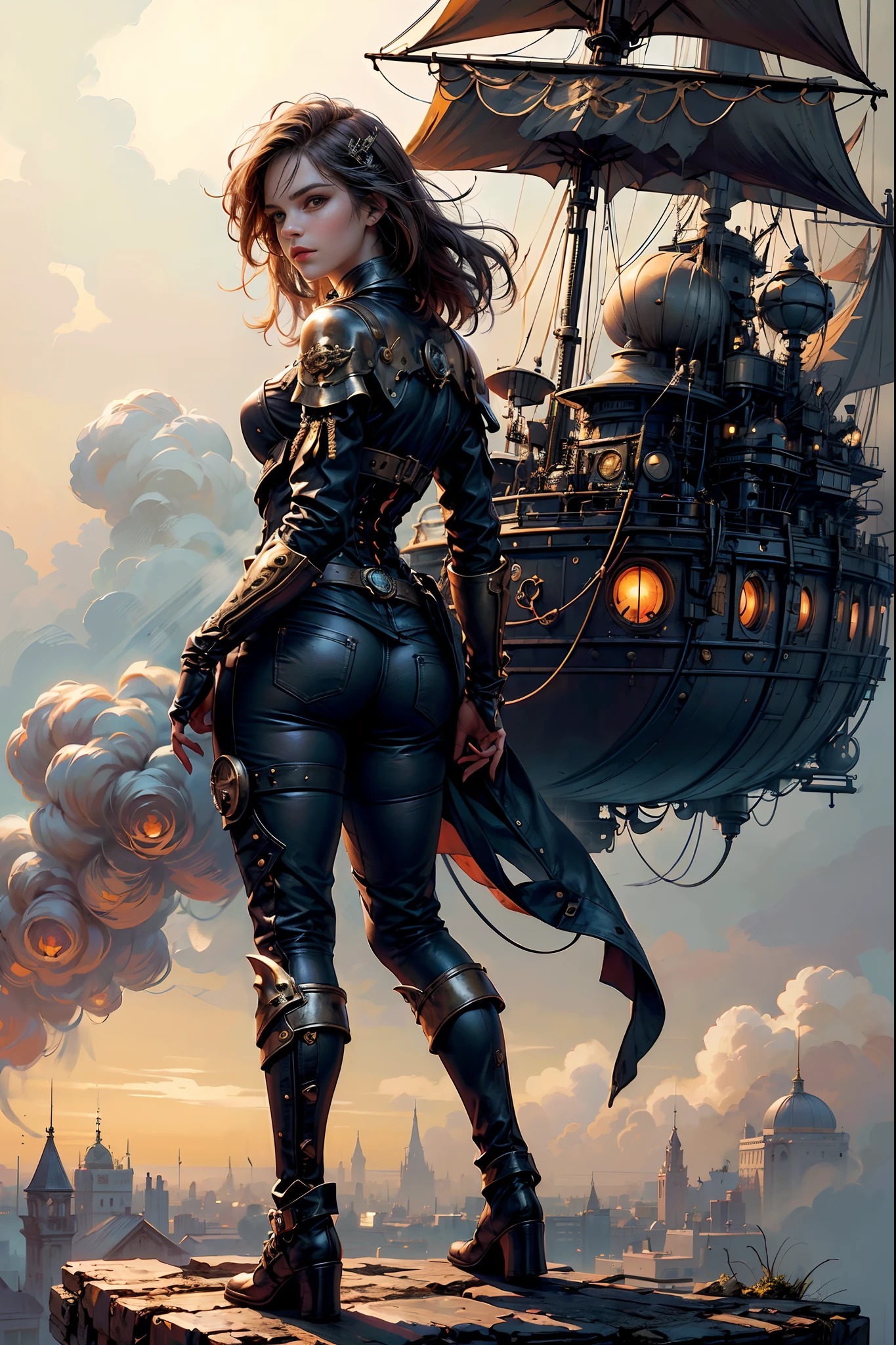 Ultra Resolution, Ultra detail, 8k , HDR, Ultra sharp,((top-quality)), ((masterpiece)), ((realisitic)), (detailed), Reflective,een Emma Watson,steampunk girl,looking back at the camera,leather shorts,slender and graceful frame,inside pirate ship,helmet with goggles,(best quality,4k,8k,highres,masterpiece:1.2),ultra-detailed,(realistic,photorealistic,photo-realistic:1.37),hdr,UHD,studio lighting,ultra-fine painting,sharp focus,physically-based rendering,extreme detail description,professional,vivid colors,bokeh,portraits,landscape,horror,anime,sci-fi,photography,concept artists,vivid colors,bokeh,sepia tone,warm lighting,Full Body, steampunk fantasy style, steampunk girl, steampunk inventor girl, sci-fi steampunk, dieselpunk art style, steampunk pin-up girl, digital steampunk art, steam punk style, steam-punk, young girl in steampunk clothes, steampunk digital art, high quality steampunk art, steampunk