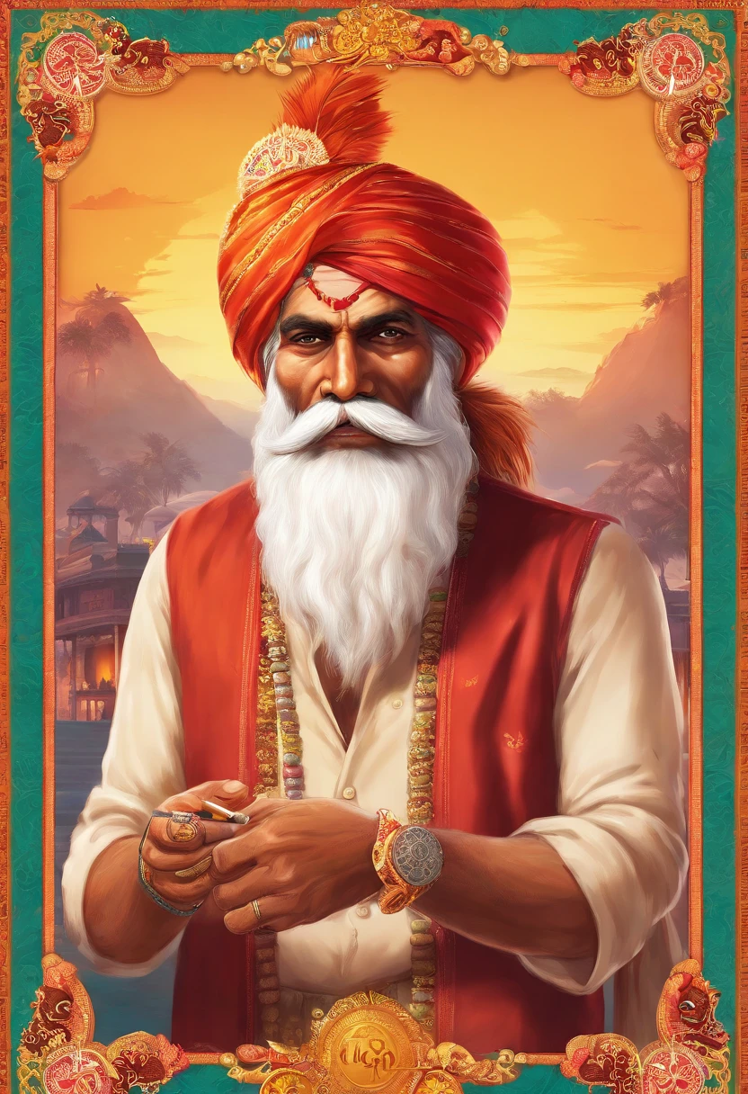 (old indian man:1.1,wearing turban:1.2,white bigger beard:1.1,bigger moustache:1.1,lighting cigar:1.2,in swag,extremely detailed facial hairs,portrait,half body,medium:oil painting,detailed eyes and face,detailed turban,traditional clothing,aged appearance,royal background,studio lighting,vibrant colors,dignified expression) bhasma on forehead, holding sigarete in hand