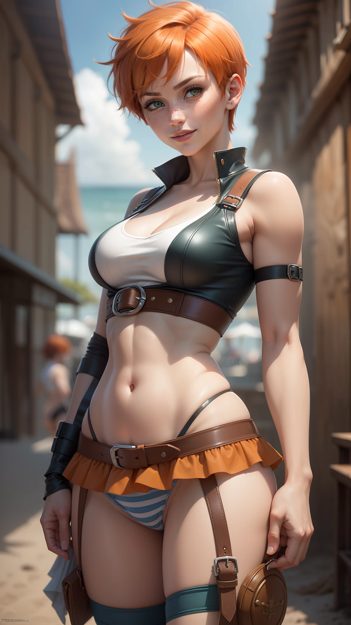 gwen tennyson,tracer,rebecca chambers, mordred,pirate outfit,beach,ager, green eyes,garter belt,striped panties, short hair,orange hair,pirate ship,shy smile,ginger,white striped top,denim micro skirt,freckles,redhead,beautiful girl,stockings,large breasts,ultra detailed,realistic,