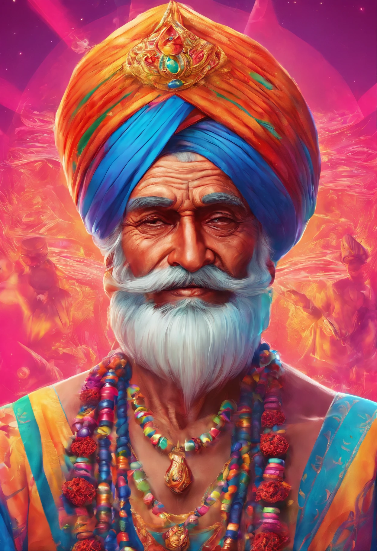 (old indian man:1.1,wearing turban:1.2,white bigger beard:1.1,bigger moustache:1.1,lighting cigar:1.2,in swag,extremely detailed facial hairs,portrait,half body,medium:oil painting,detailed eyes and face,detailed turban,traditional clothing,aged appearance,royal background,studio lighting,vibrant colors,dignified expression) bhasma on forehead, holding sigarete in hand